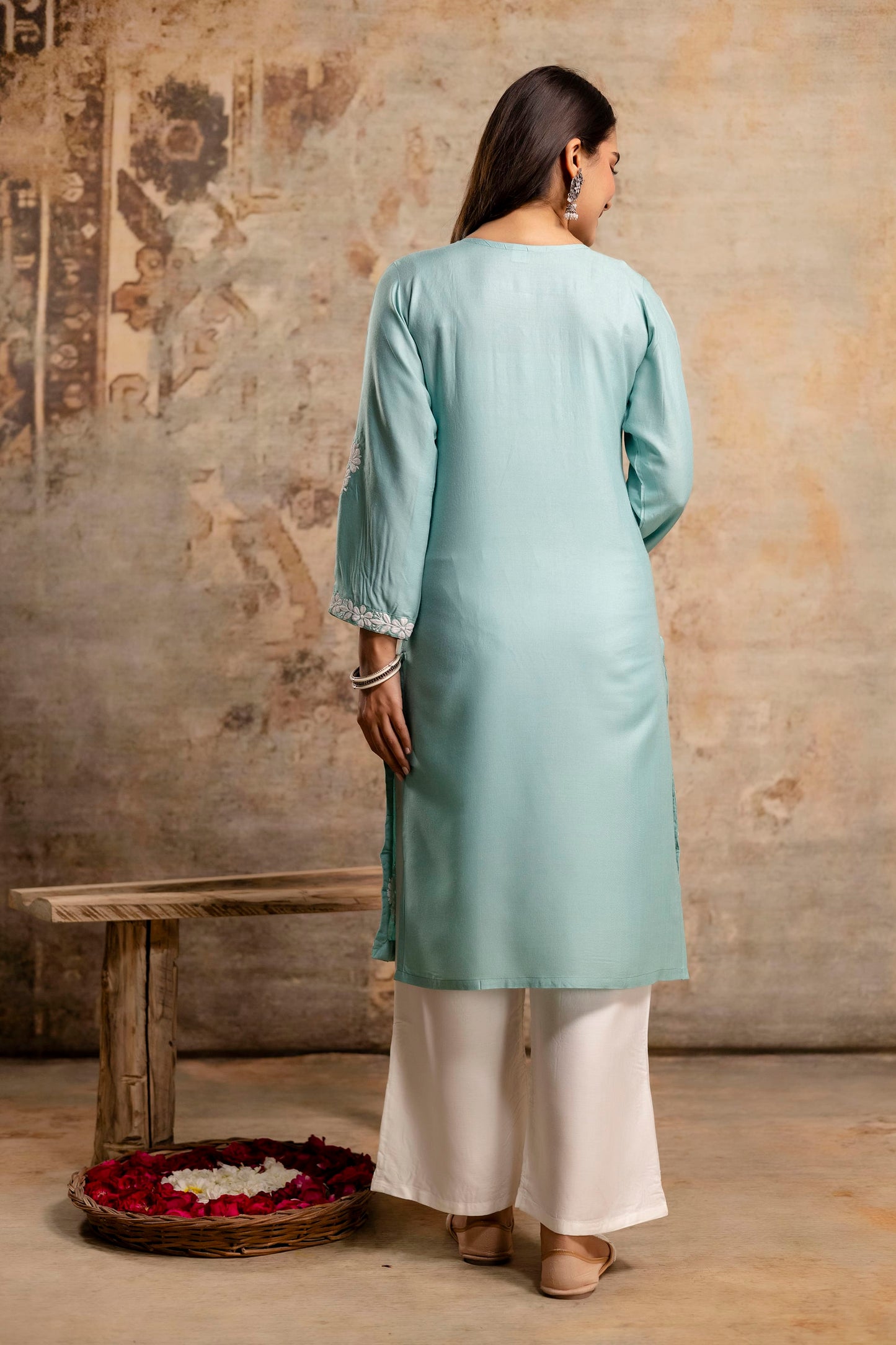 RAMA GREEN Floral Embroidered Round Neck Chikankari Straight Kurta with Palazzos