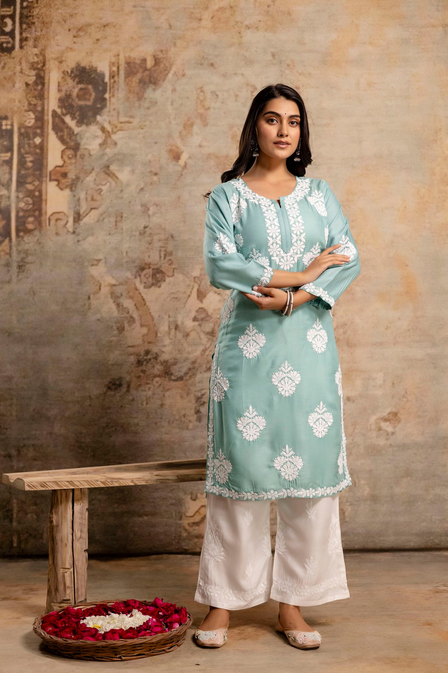 RAMA GREEN Floral Embroidered Round Neck Chikankari Straight Kurta with Palazzos