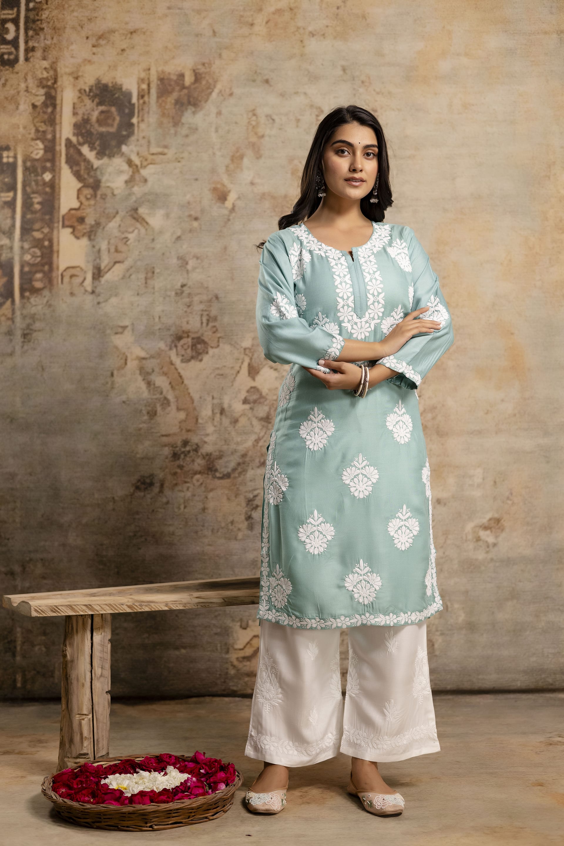 RAMA GREEN Floral Embroidered Round Neck Chikankari Straight Kurta with Palazzos