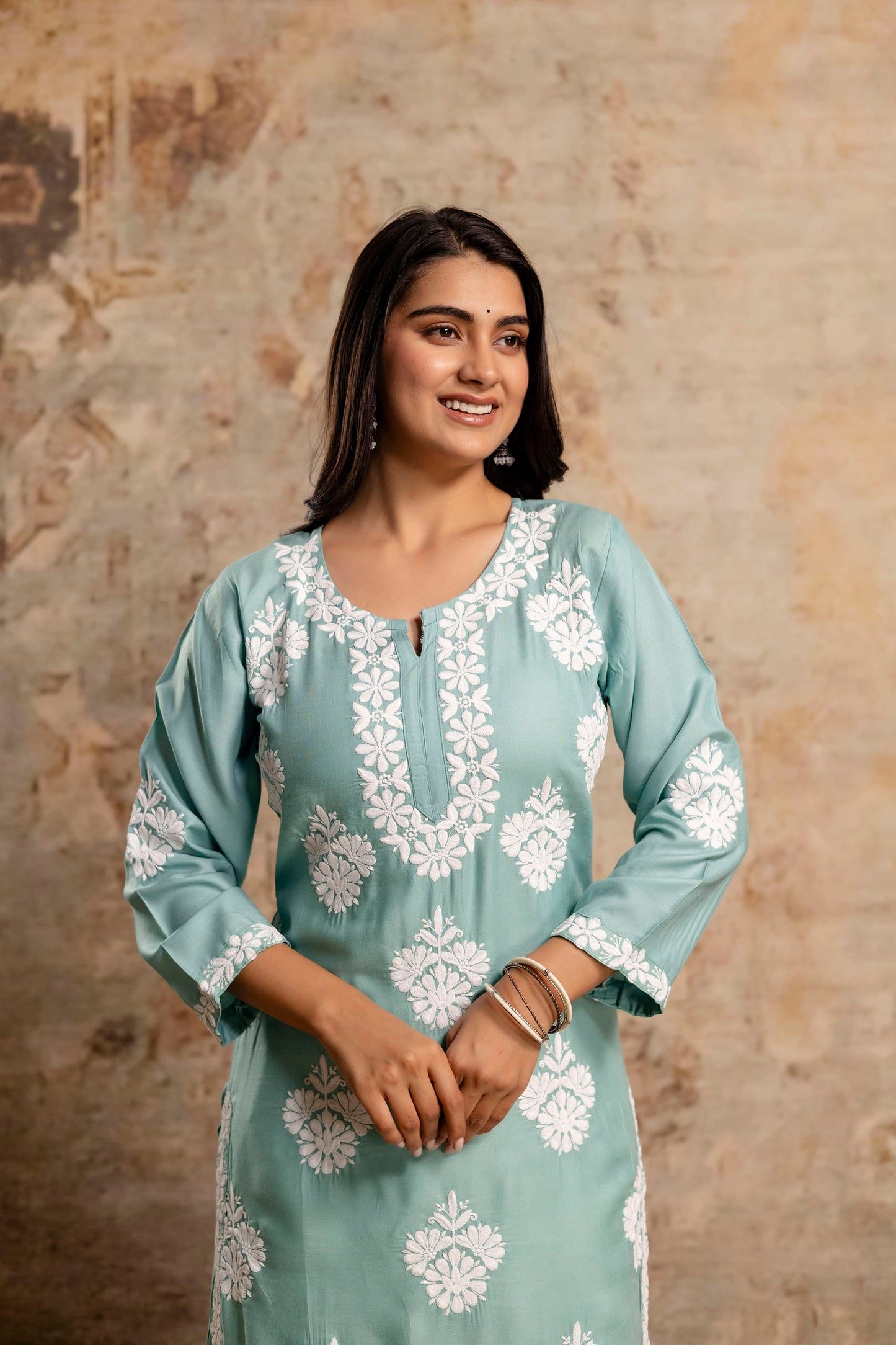 RAMA GREEN Floral Embroidered Round Neck Chikankari Straight Kurta with Palazzos