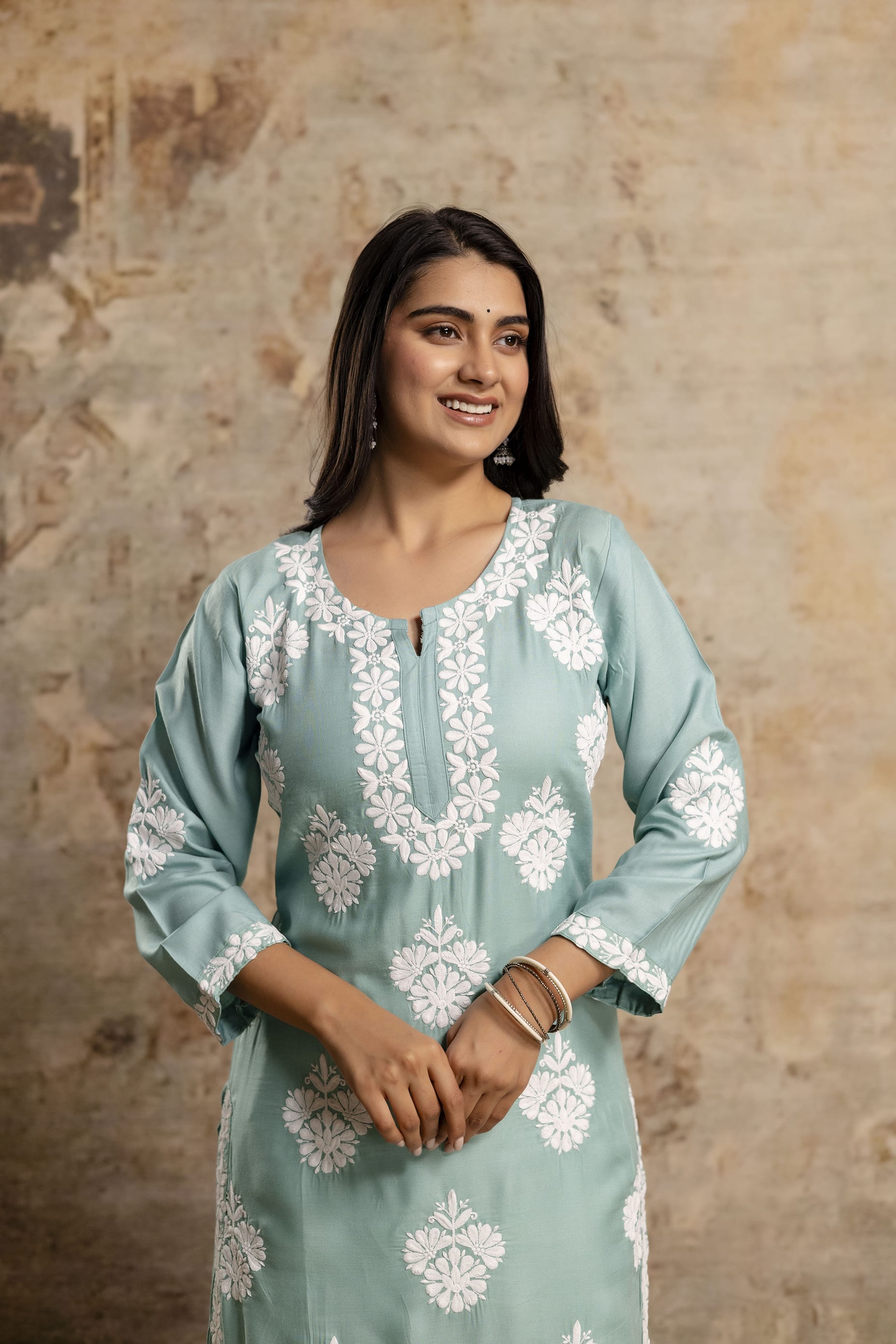 RAMA GREEN Floral Embroidered Round Neck Chikankari Straight Kurta with Palazzos