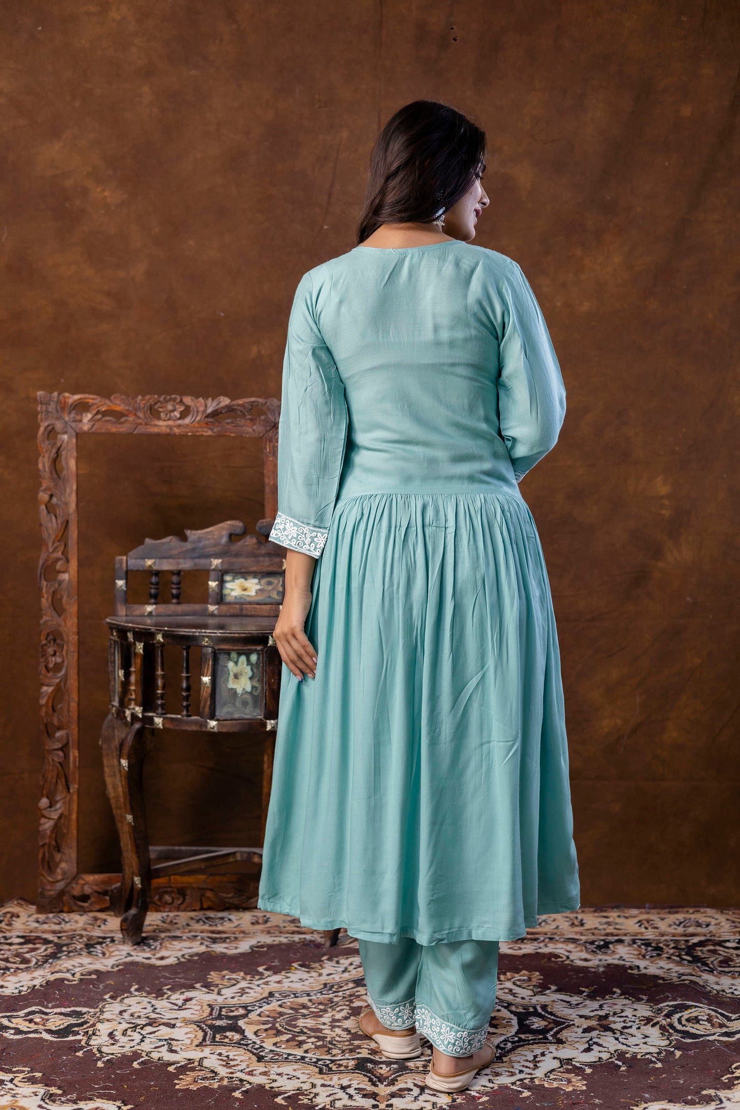 RAMA GREEN Women Embroidered Fashionable Printed || Naira Cut Kurta, Pant and Dupatta Set for Wedding, Party & Festivals