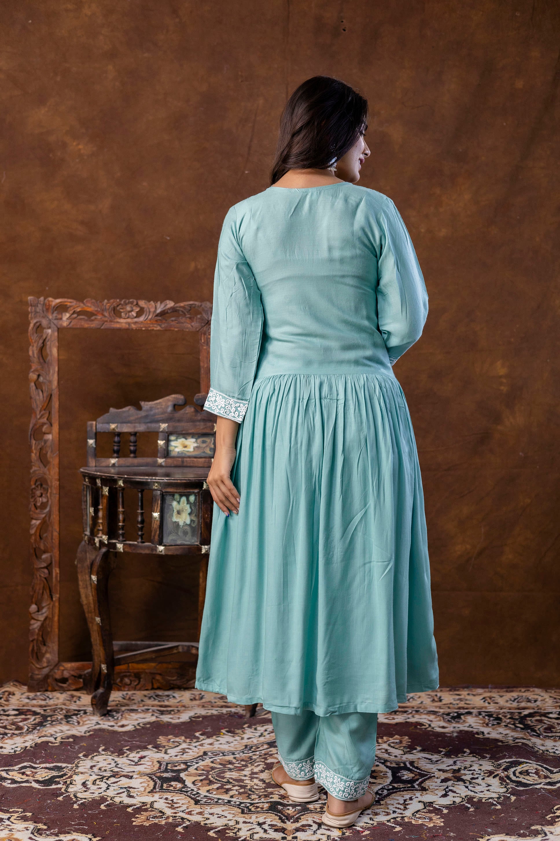 RAMA GREEN Women Embroidered Fashionable Printed || Naira Cut Kurta, Pant and Dupatta Set for Wedding, Party & Festivals