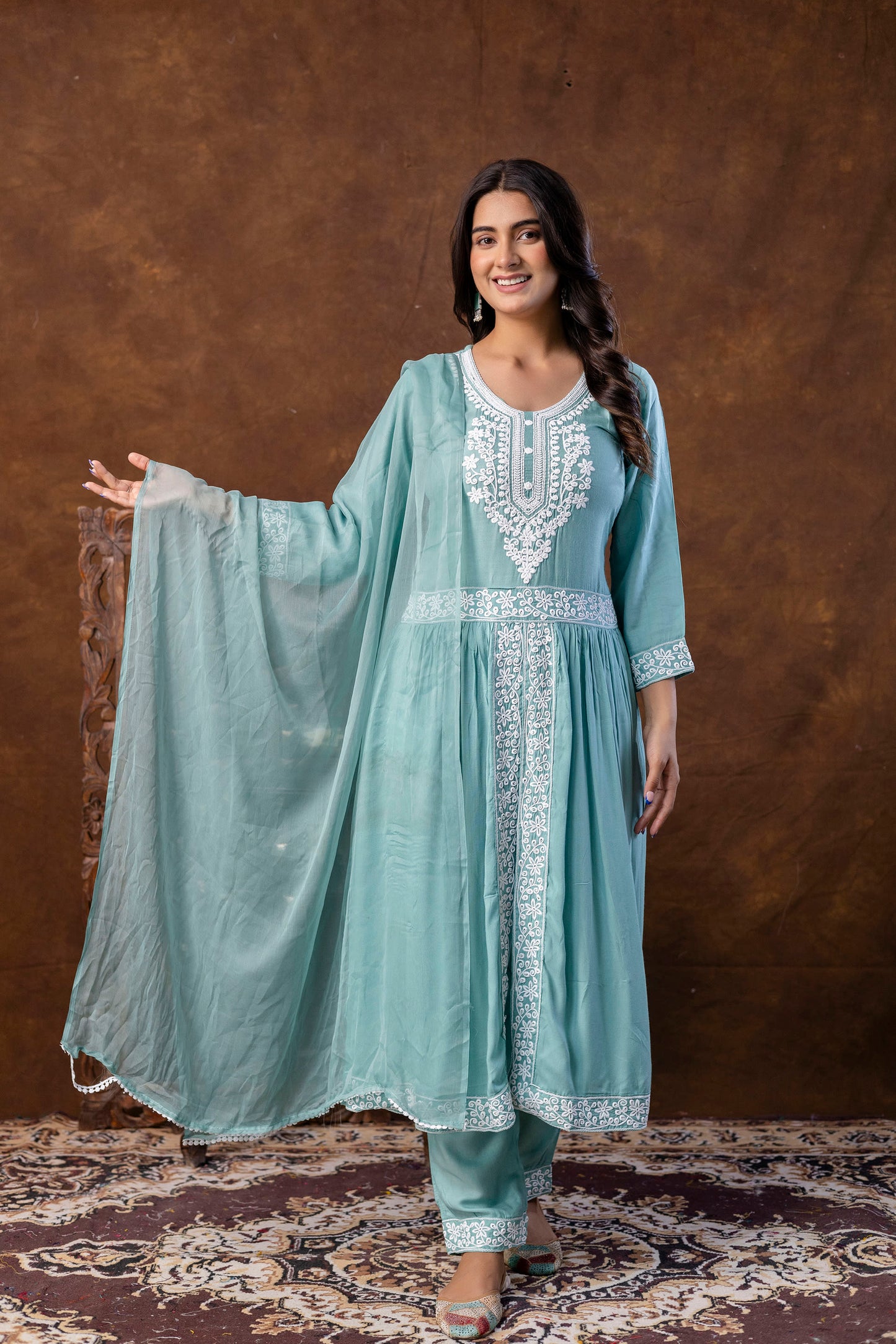 RAMA GREEN Women Embroidered Fashionable Printed || Naira Cut Kurta, Pant and Dupatta Set for Wedding, Party & Festivals