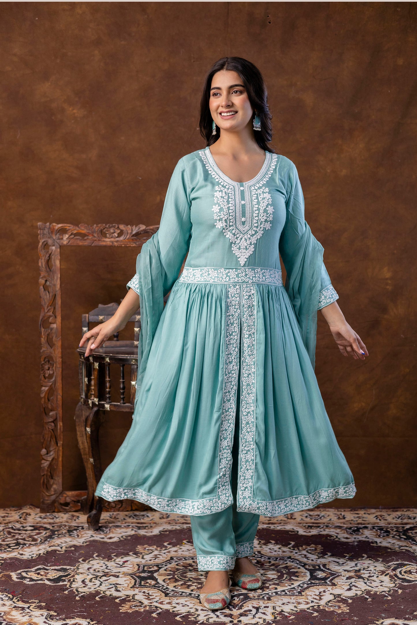 RAMA GREEN Women Embroidered Fashionable Printed || Naira Cut Kurta, Pant and Dupatta Set for Wedding, Party & Festivals