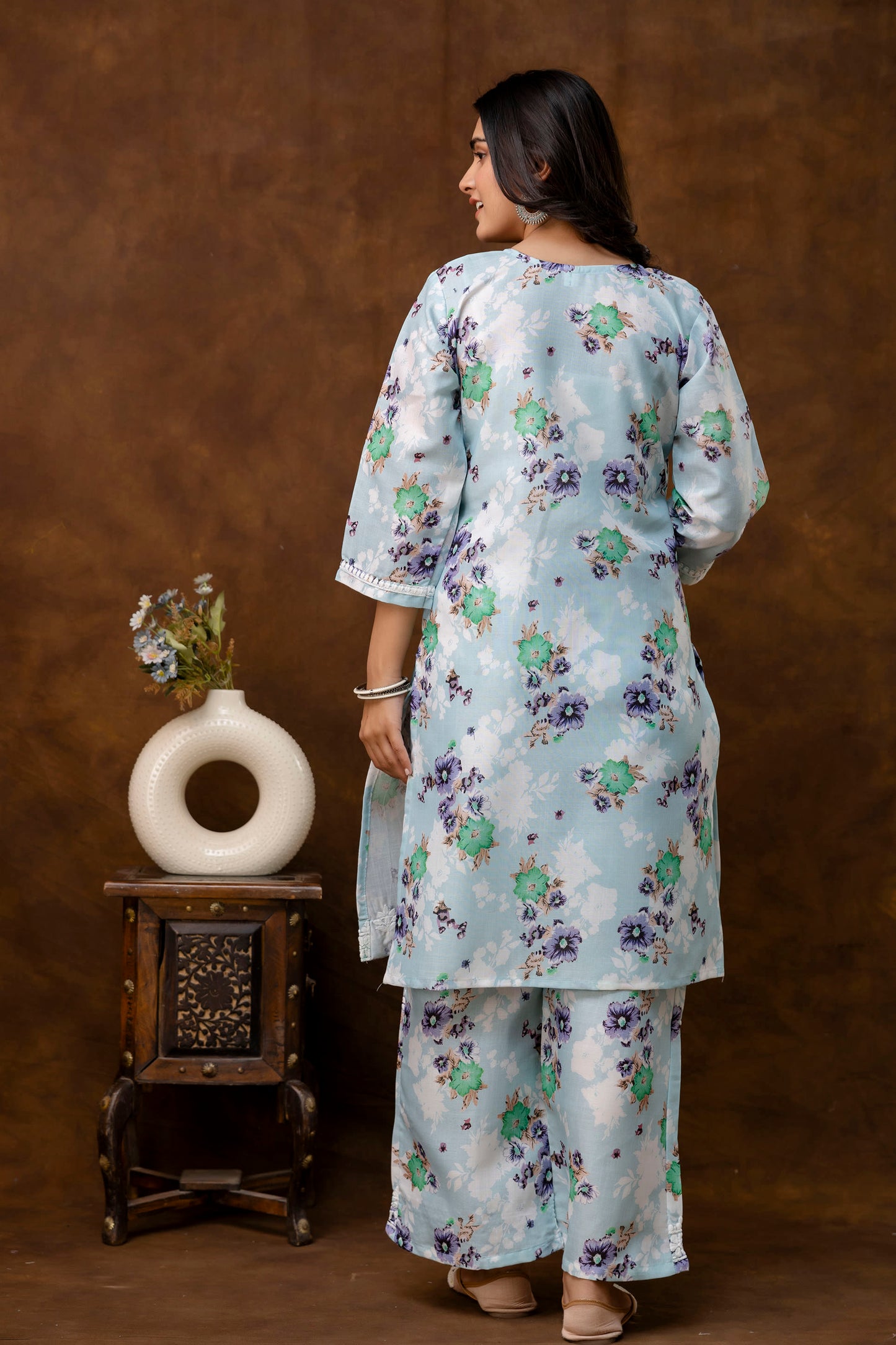 RAMA GREEN cotton printed with chikanakri work kurti and plazo set