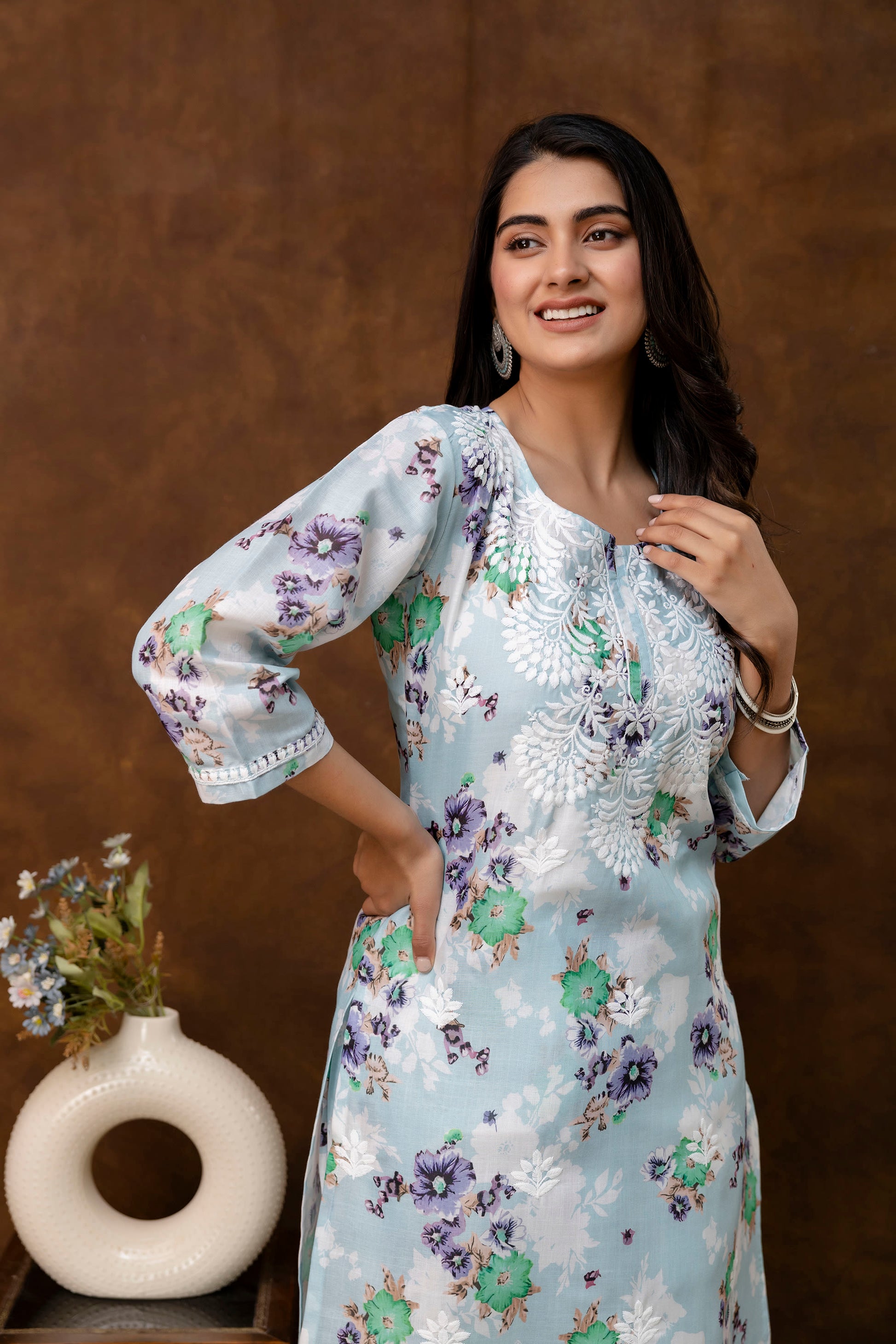 RAMA GREEN cotton printed with chikanakri work kurti and plazo set