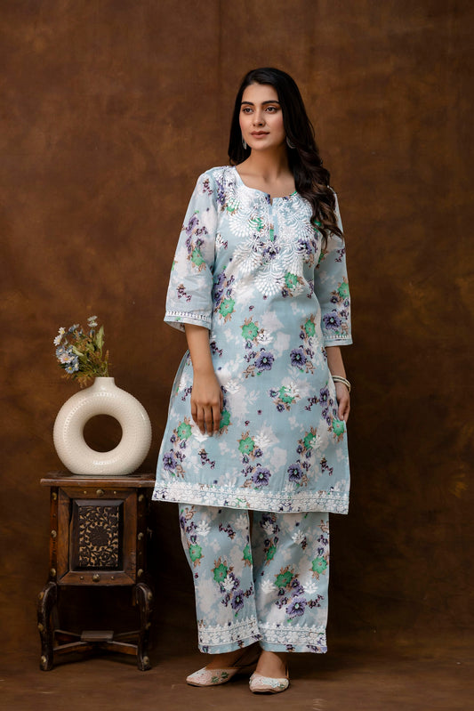 RAMA GREEN cotton printed with chikanakri work kurti and plazo set