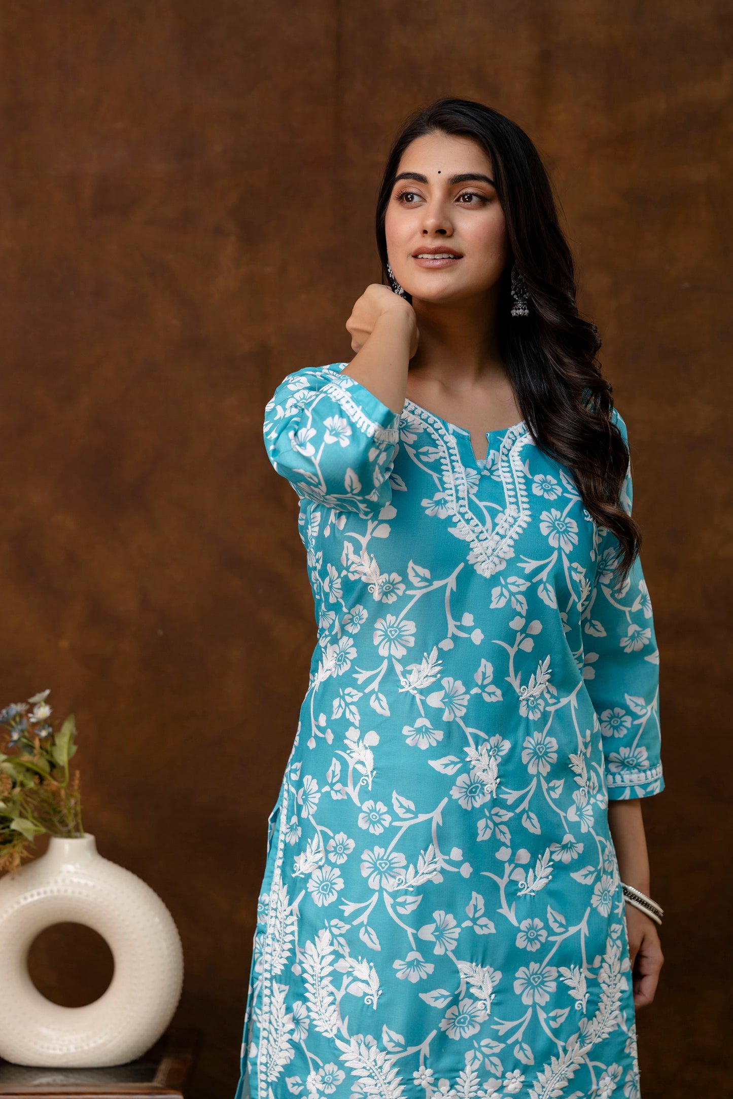 RAMA Women's Cotton Blend Chikankari Embroidered Straight Kurta Set