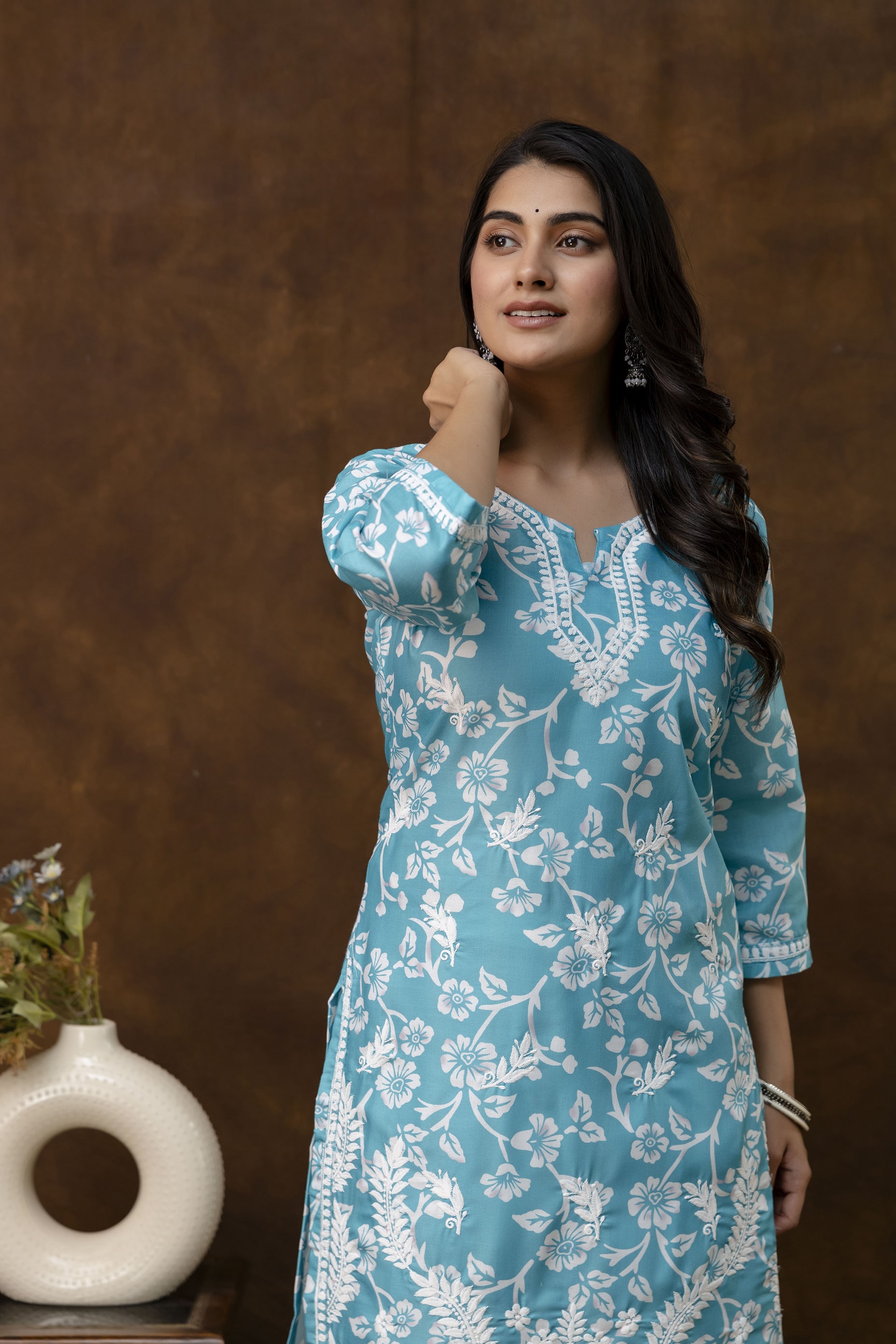 RAMA Women's Cotton Blend Chikankari Embroidered Straight Kurta Set