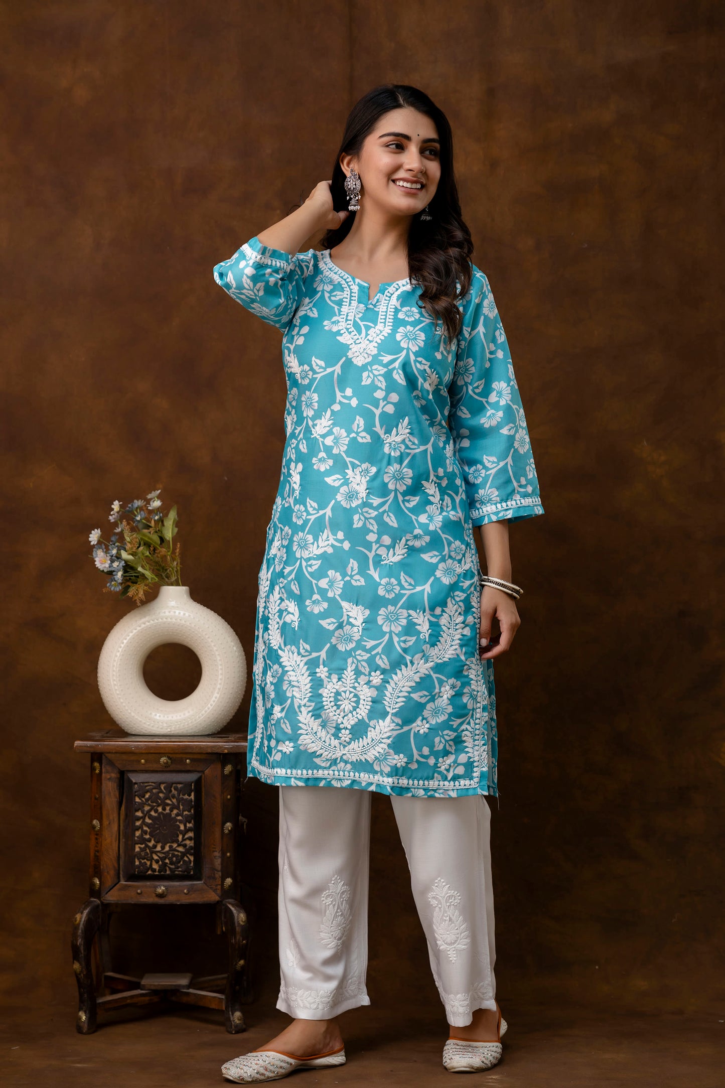 RAMA Women's Cotton Blend Chikankari Embroidered Straight Kurta Set