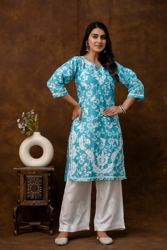 RAMA Women's Cotton Blend Chikankari Embroidered Straight Kurta Set