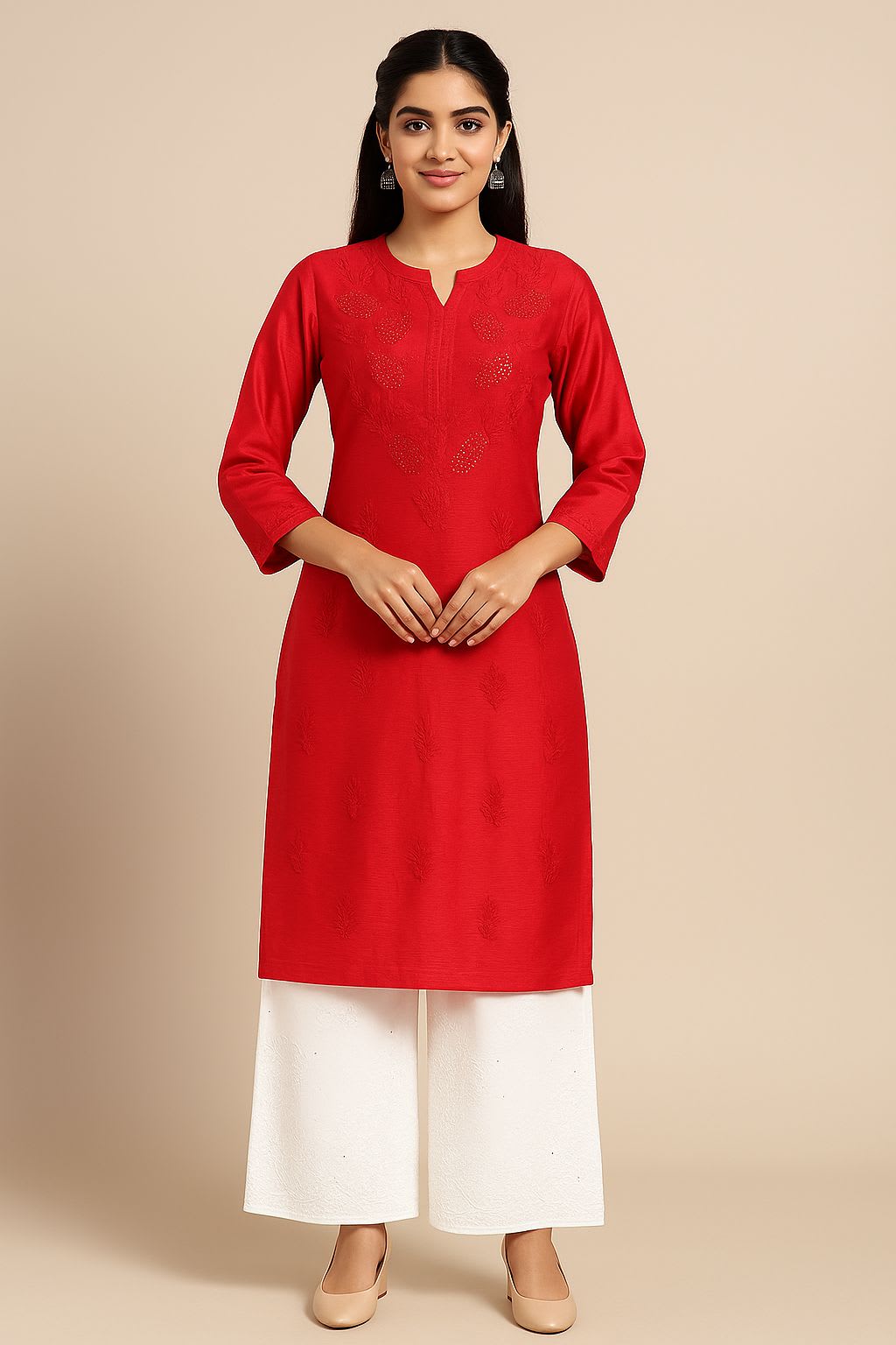 RED Chanderi With Authentic Lucknowi Chikankari & Mukaish Work Suit
