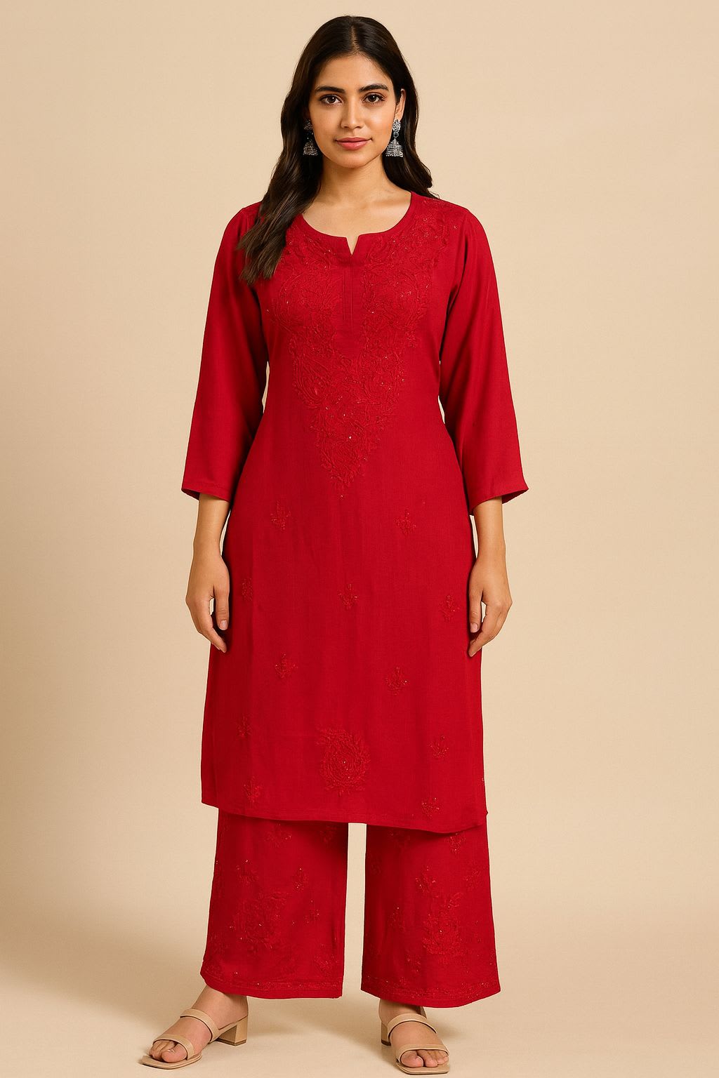 RED Chikankari Kurta and plazzo set with mukaish work