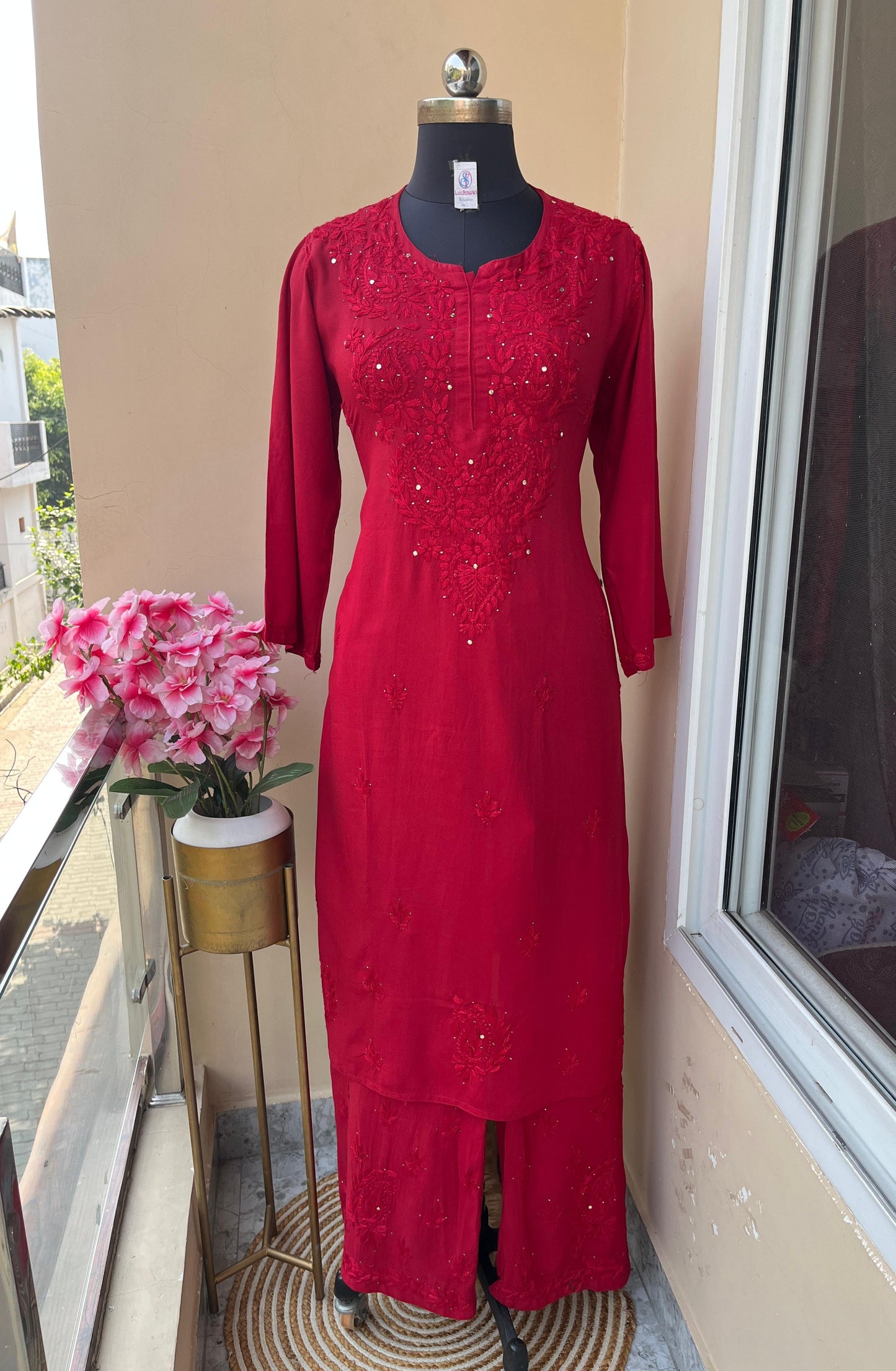 RED Floral Embroidered Notch-Neck Chikankari Kurta With Palazzos