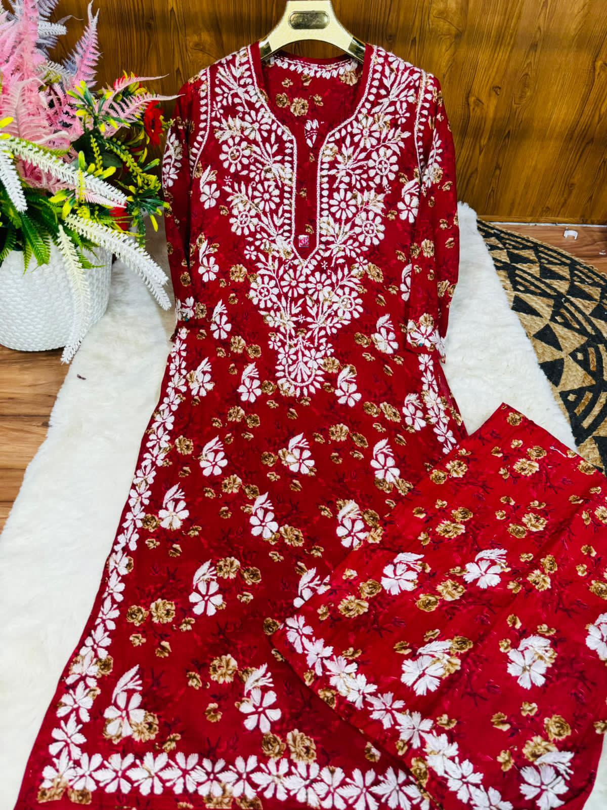 RED Lucknowi Chikankari Premium Mal Mal Latest Print Design Plazo Set