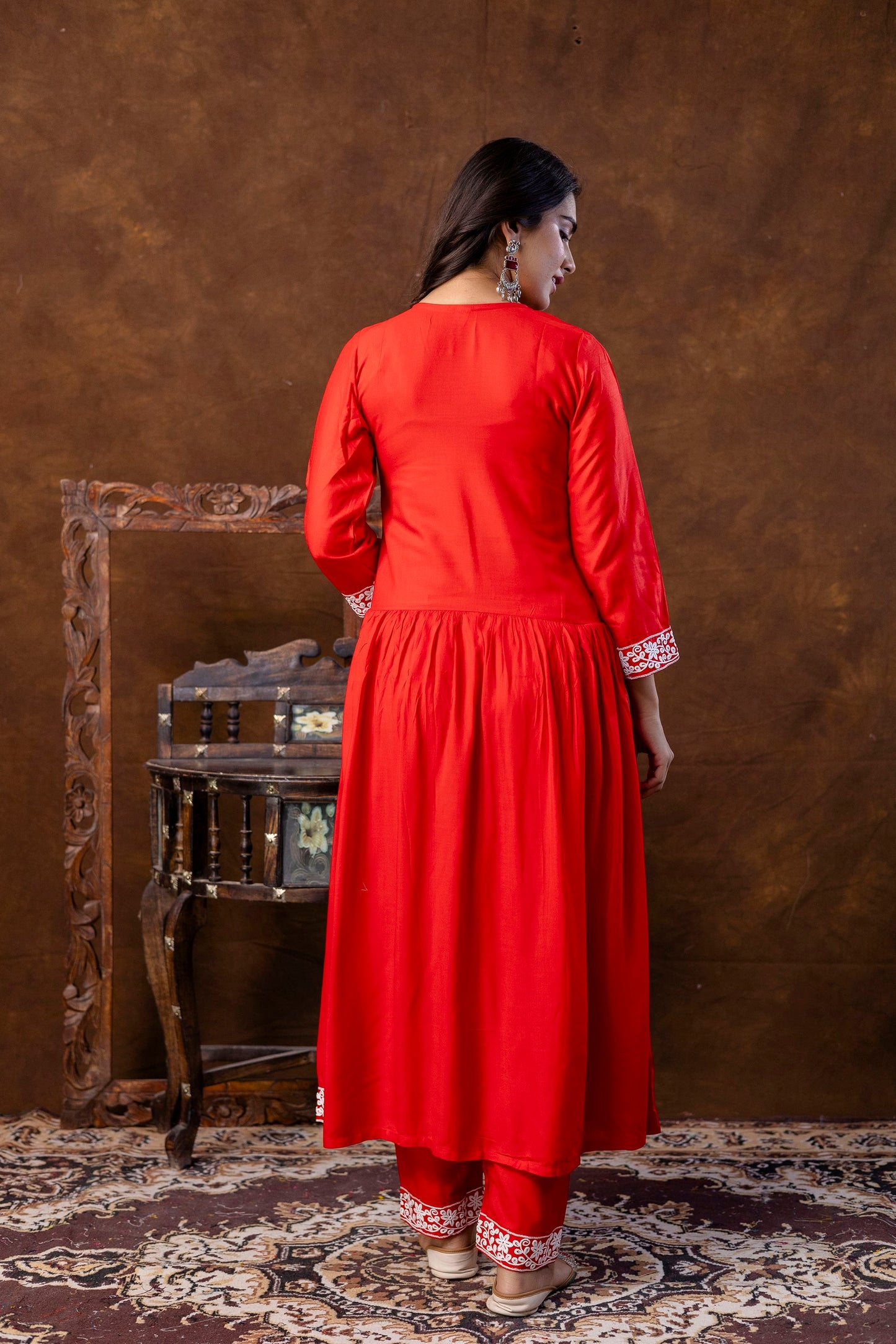 RED Women Embroidered Fashionable Printed || Naira Cut Kurta, Pant and Dupatta Set for Wedding, Party & Festivals