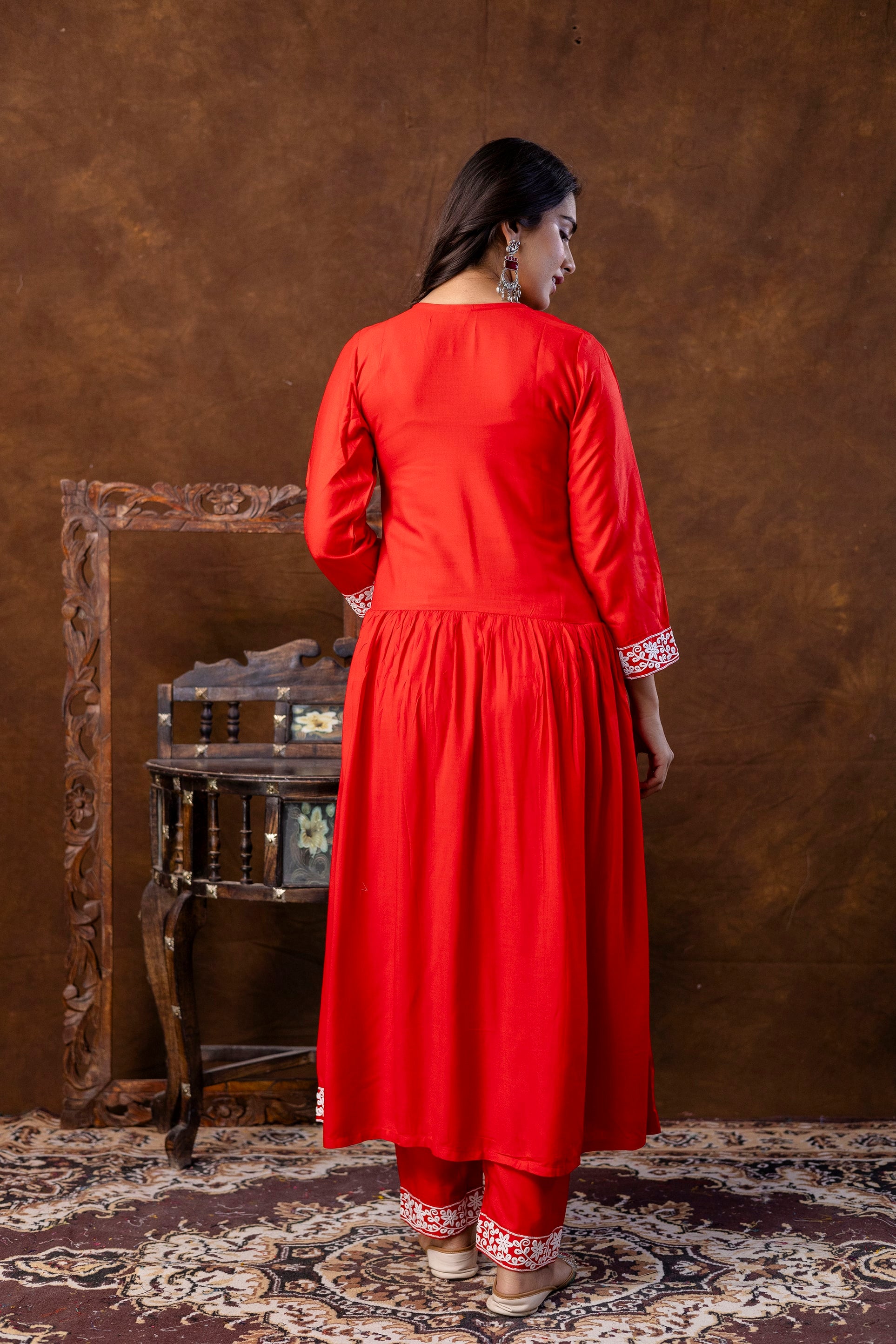 RED Women Embroidered Fashionable Printed || Naira Cut Kurta, Pant and Dupatta Set for Wedding, Party & Festivals