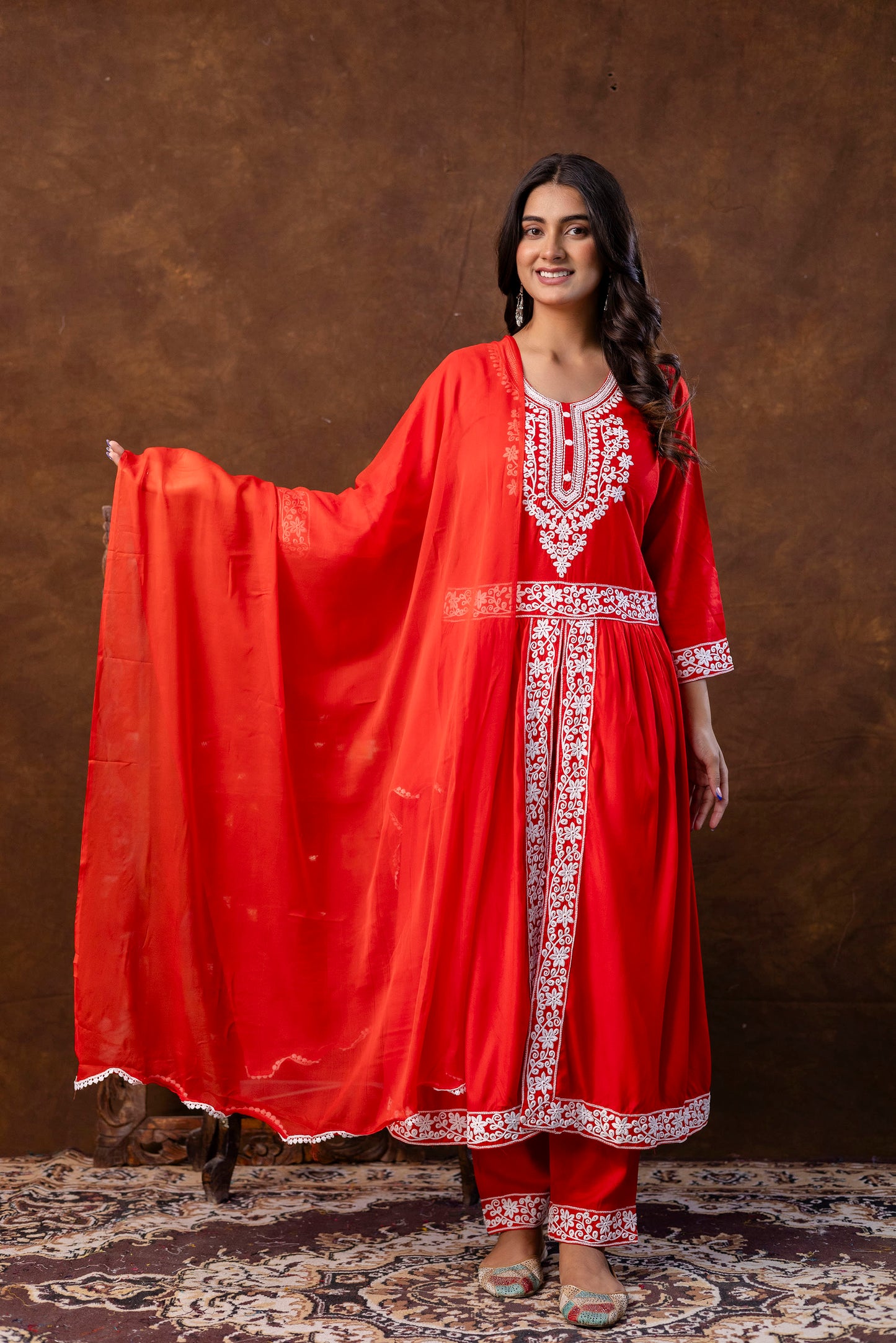 RED Women Embroidered Fashionable Printed || Naira Cut Kurta, Pant and Dupatta Set for Wedding, Party & Festivals