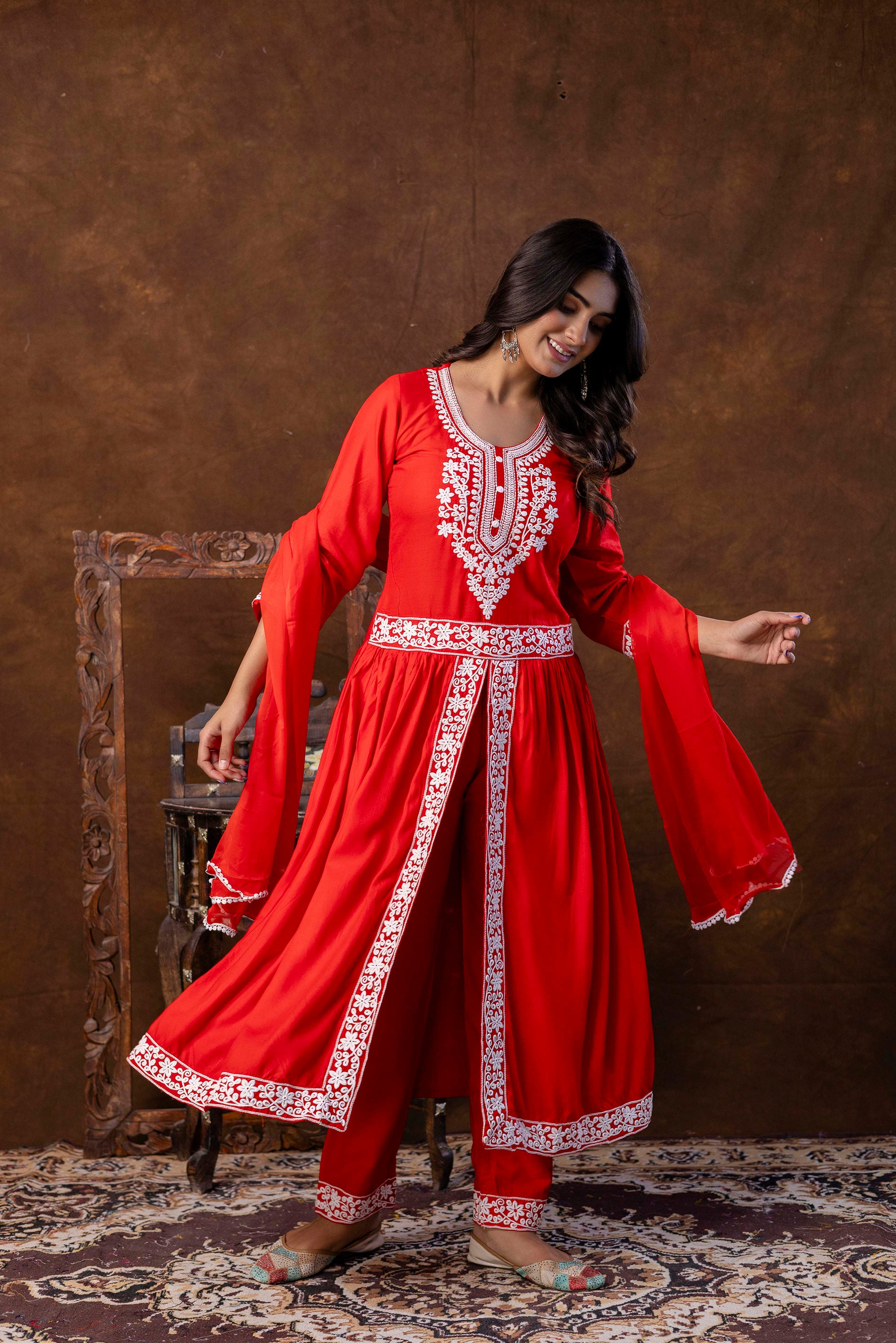 RED Women Embroidered Fashionable Printed || Naira Cut Kurta, Pant and Dupatta Set for Wedding, Party & Festivals
