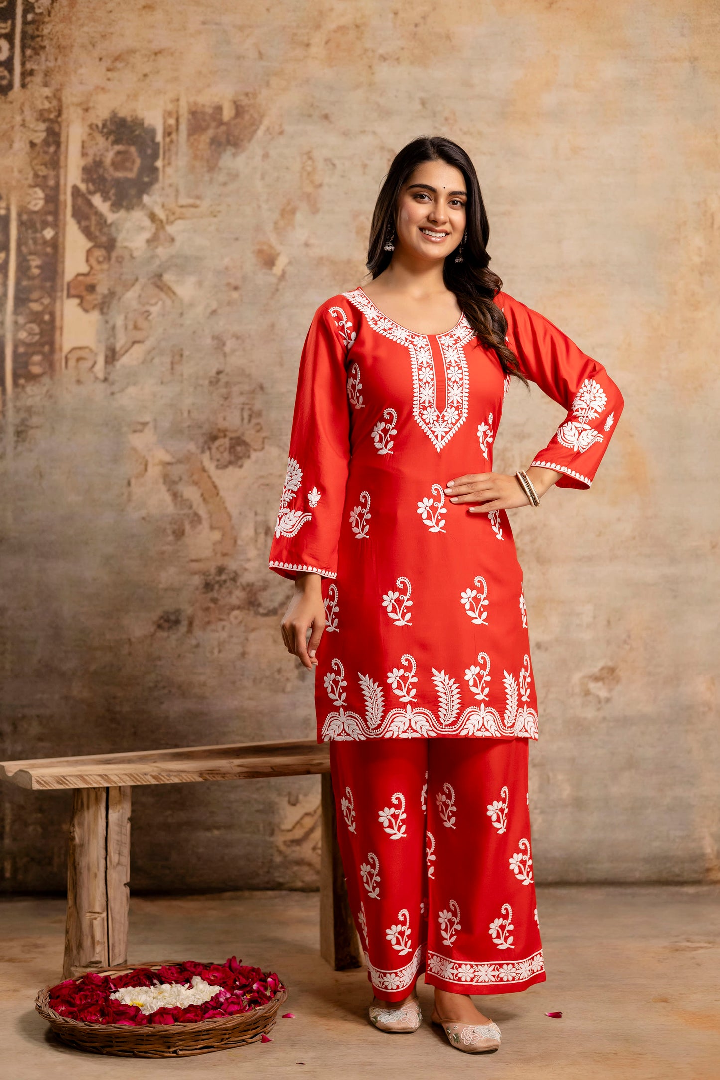 RED Women Rayon Ethnic Top Plazzo Set
