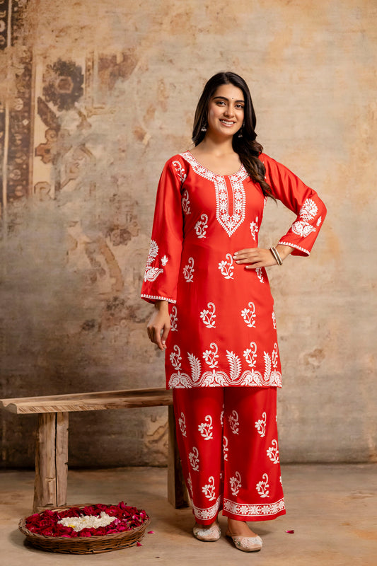RED Women Rayon Ethnic Top Plazzo Set