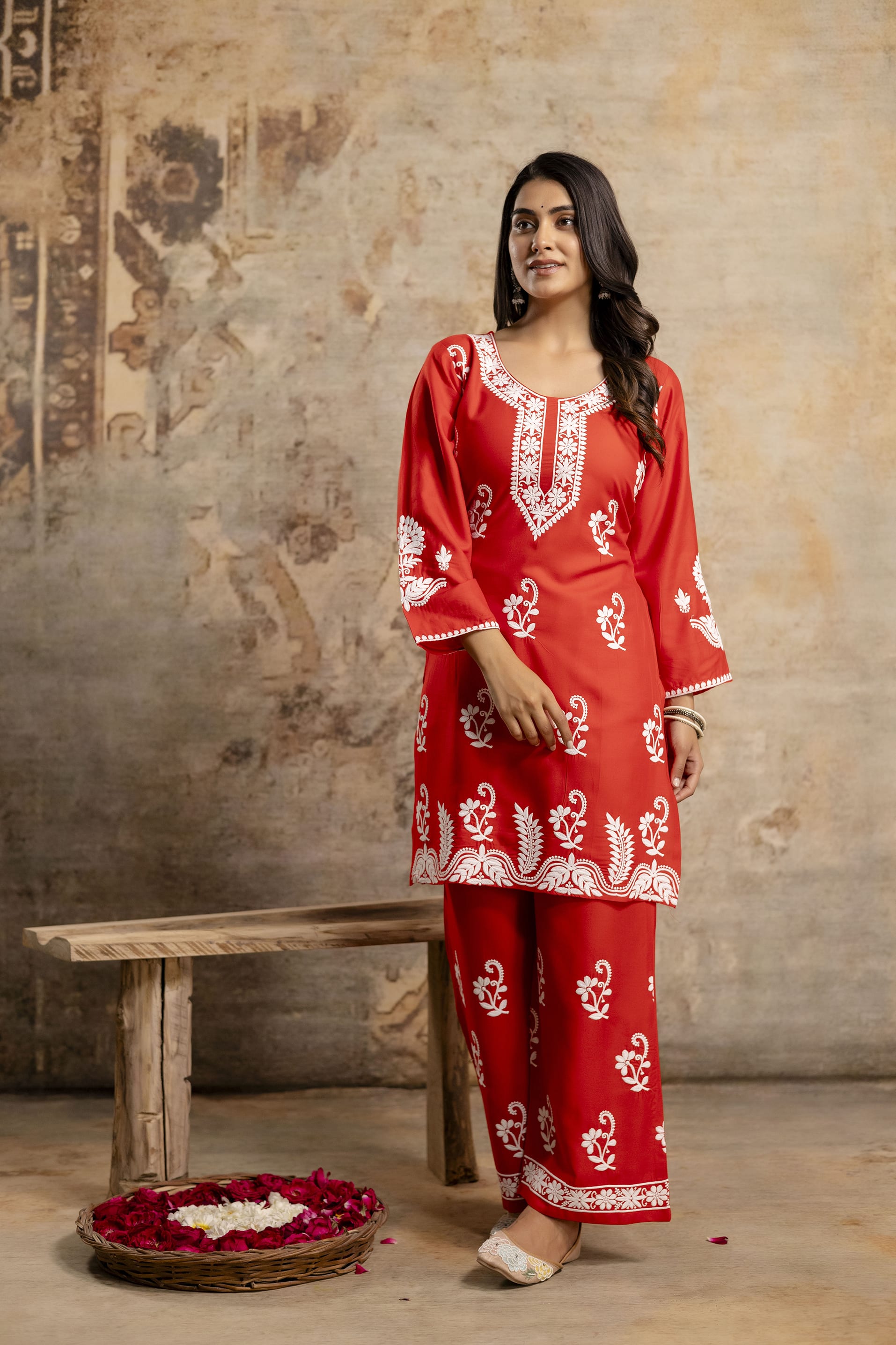 RED Women Rayon Ethnic Top Plazzo Set