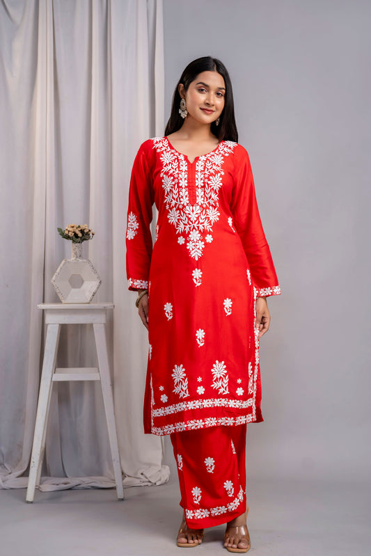 RED Women's Exclusive Kurti & Palazzo Set on Pure Rayon Fabric Chikan Suit