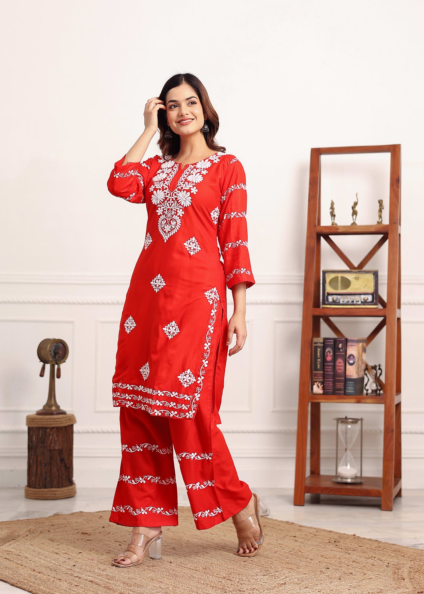 RED Women's rayon chikankari work straight kurta palazzo set for women