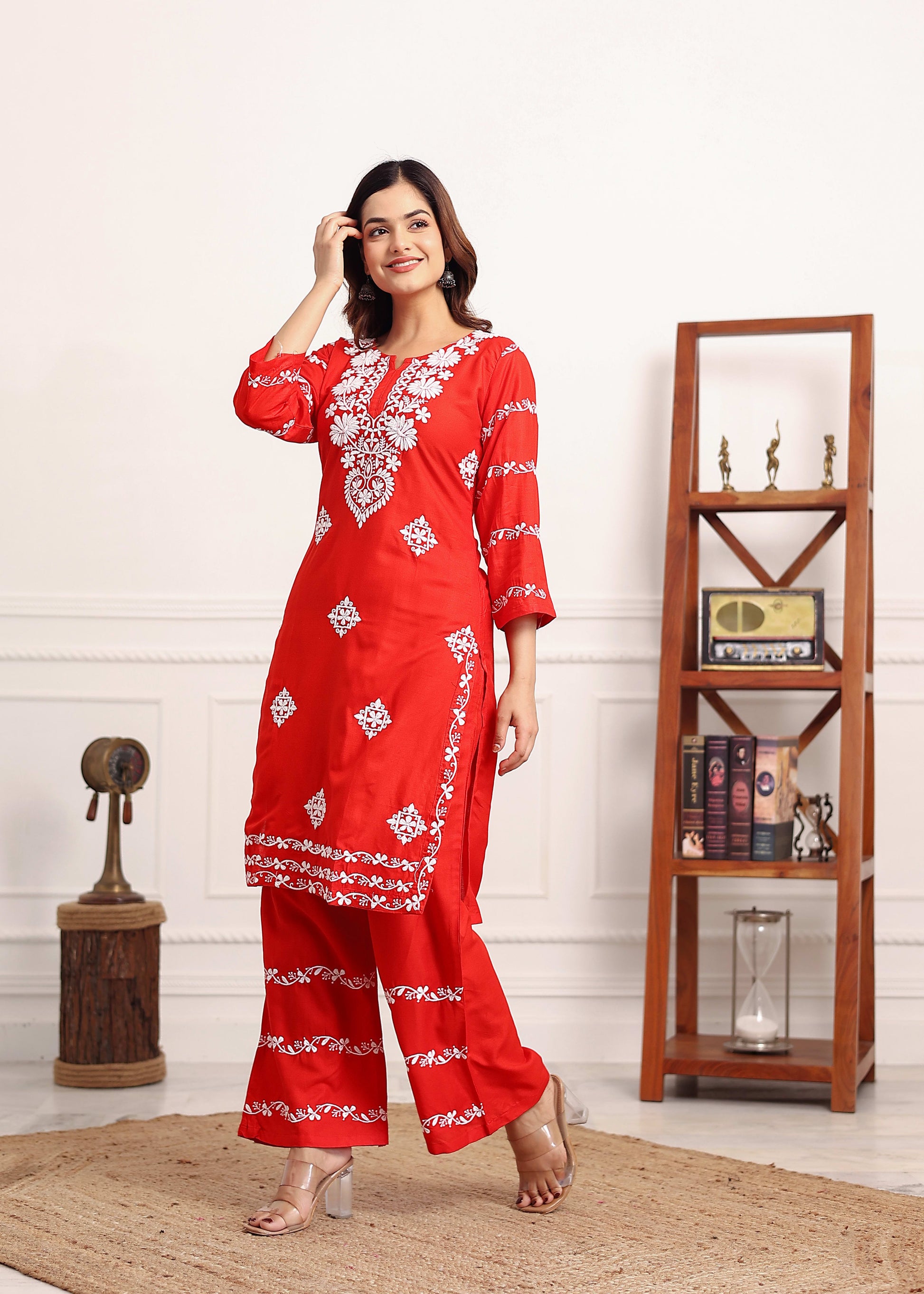 RED Women's rayon chikankari work straight kurta palazzo set for women