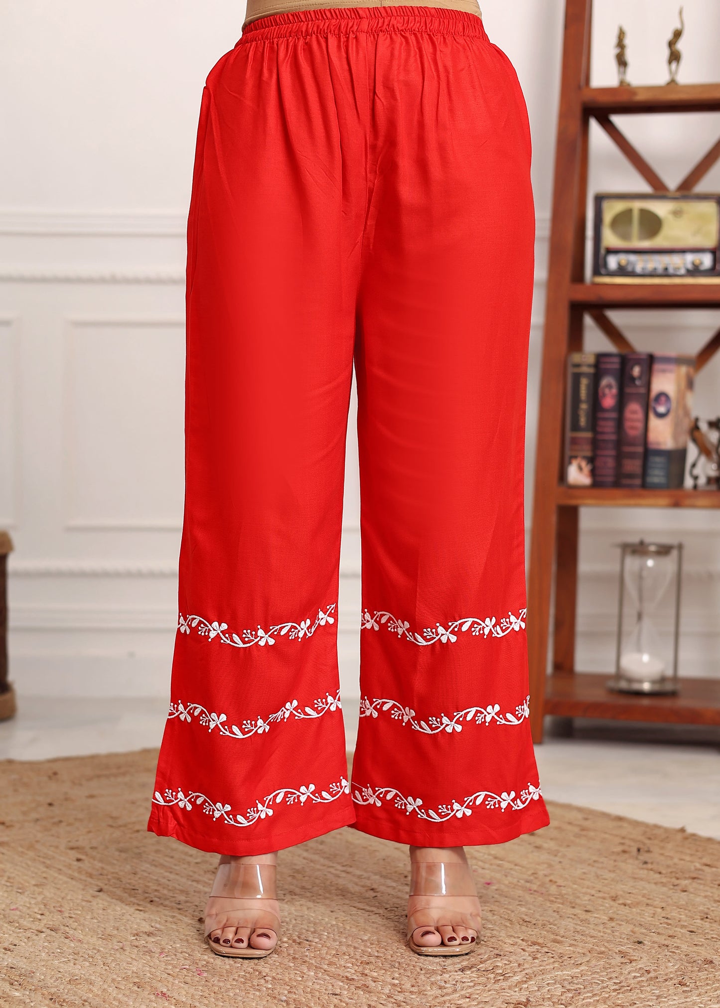 RED Women's rayon chikankari work straight kurta palazzo set for women