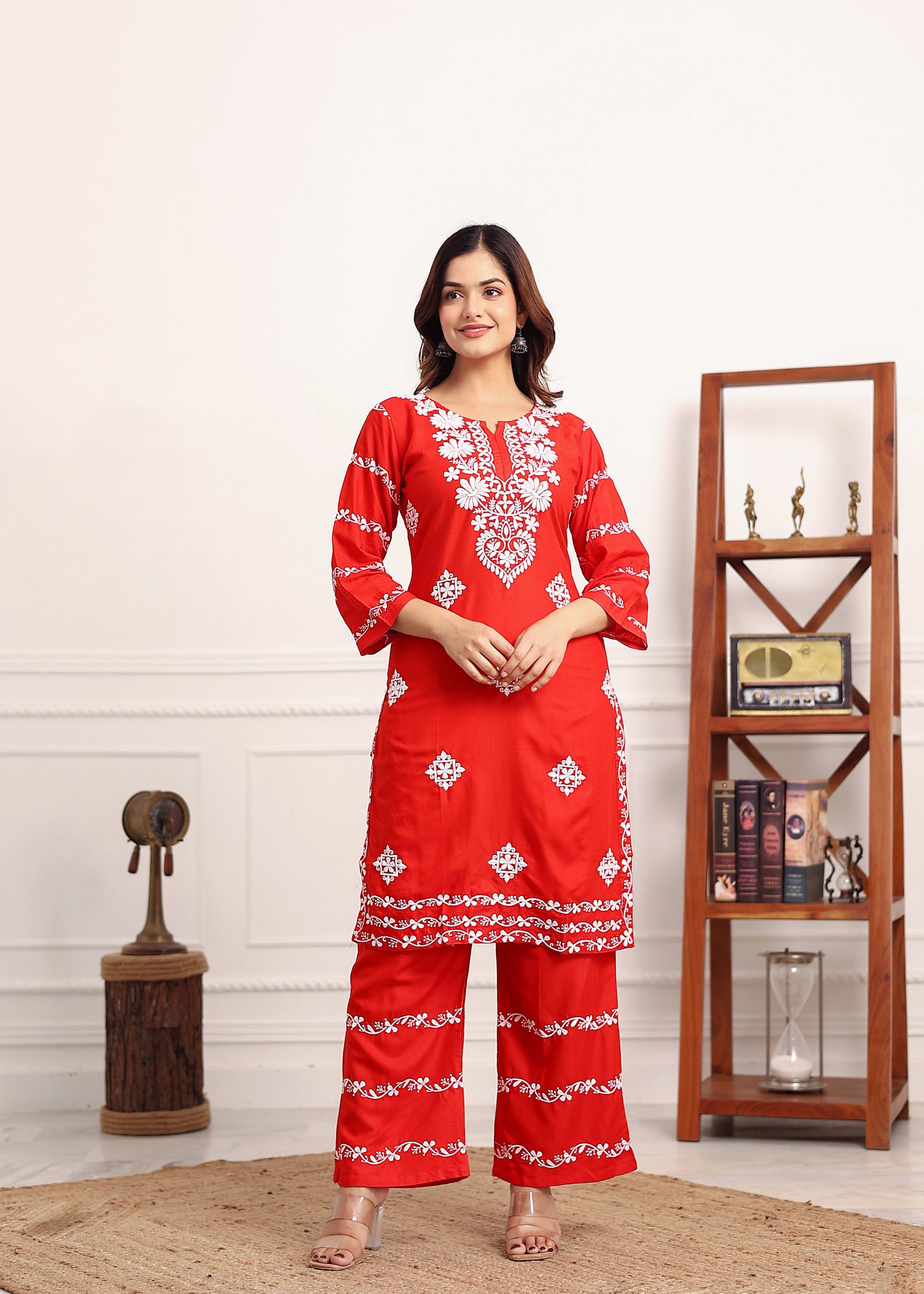 RED Women's rayon chikankari work straight kurta palazzo set for women