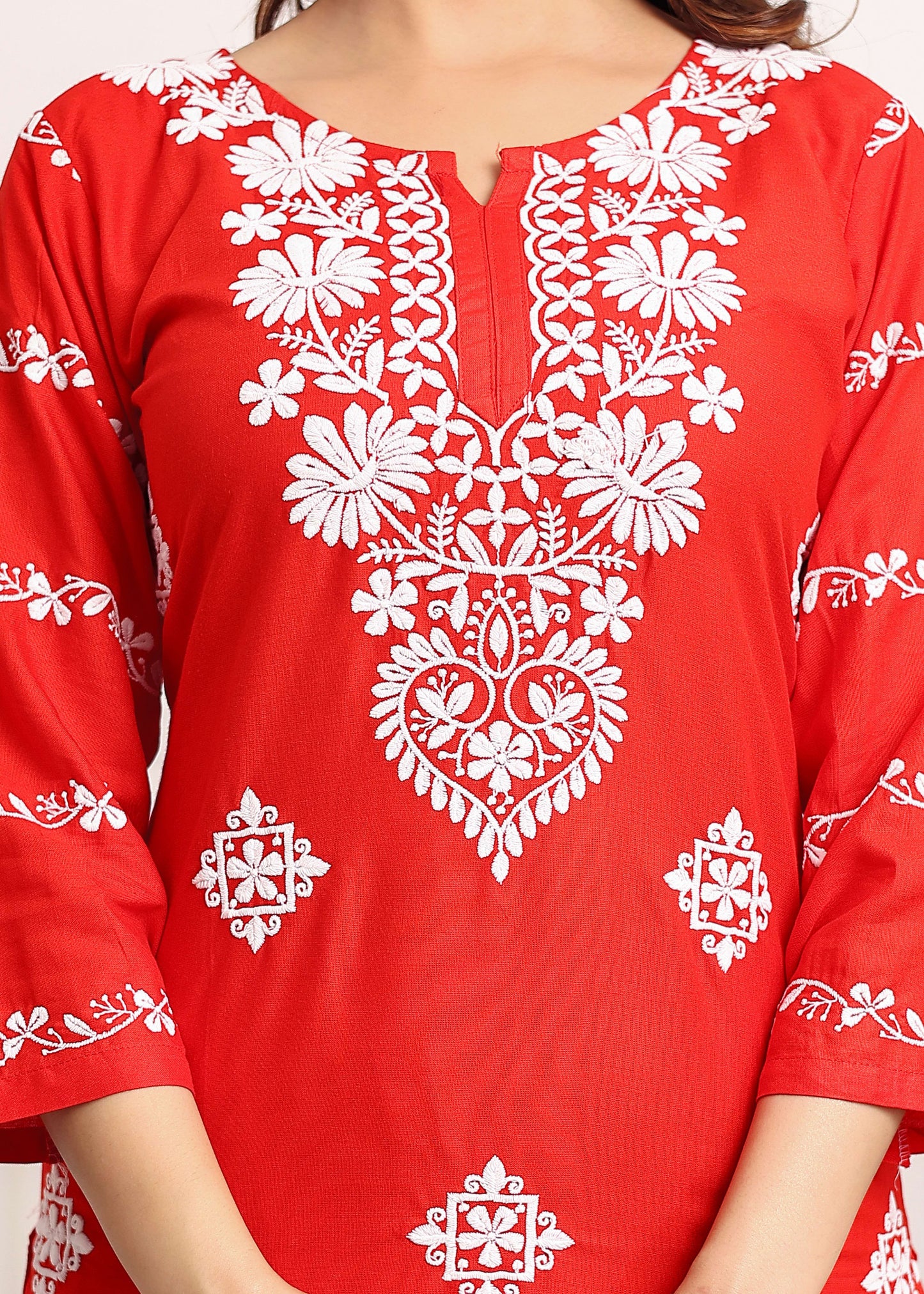 RED Women's rayon chikankari work straight kurta palazzo set for women