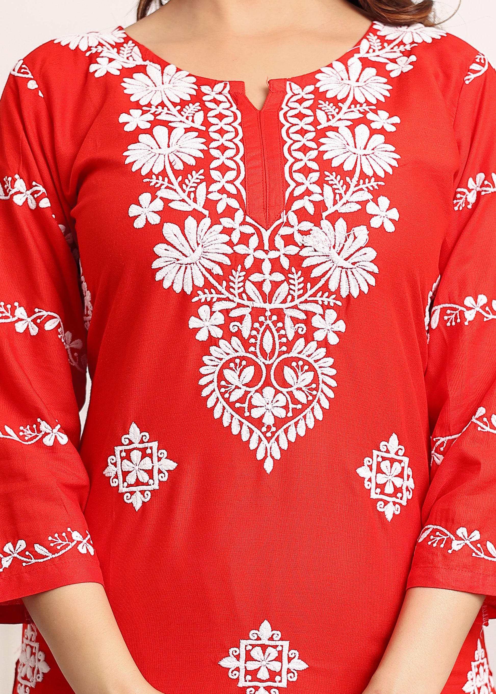 RED Women's rayon chikankari work straight kurta palazzo set for women