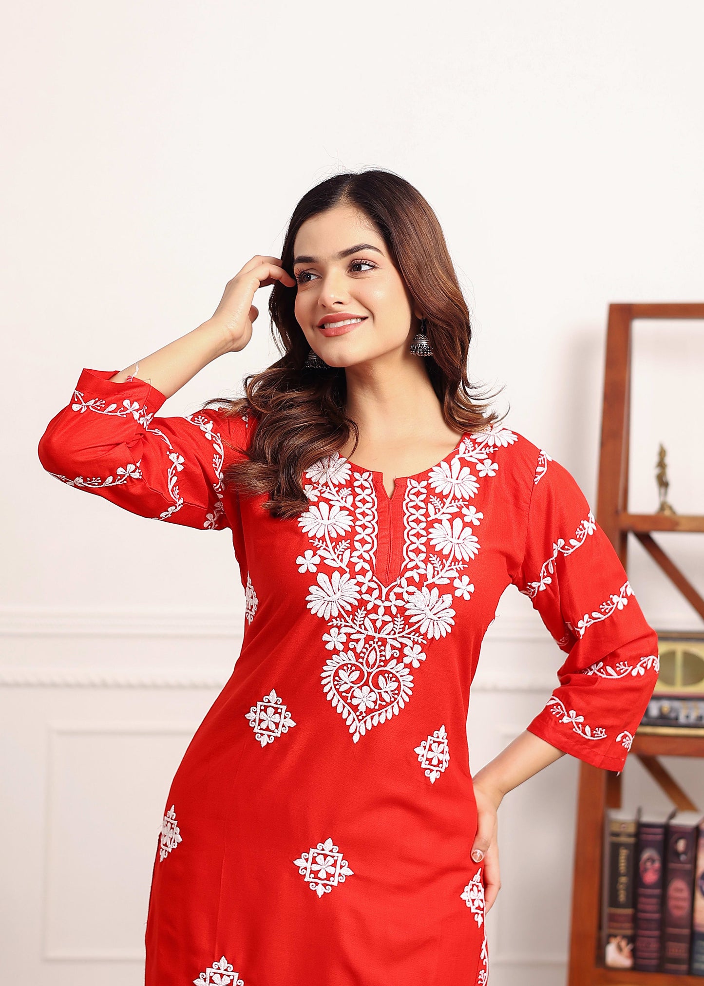 RED Women's rayon chikankari work straight kurta palazzo set for women