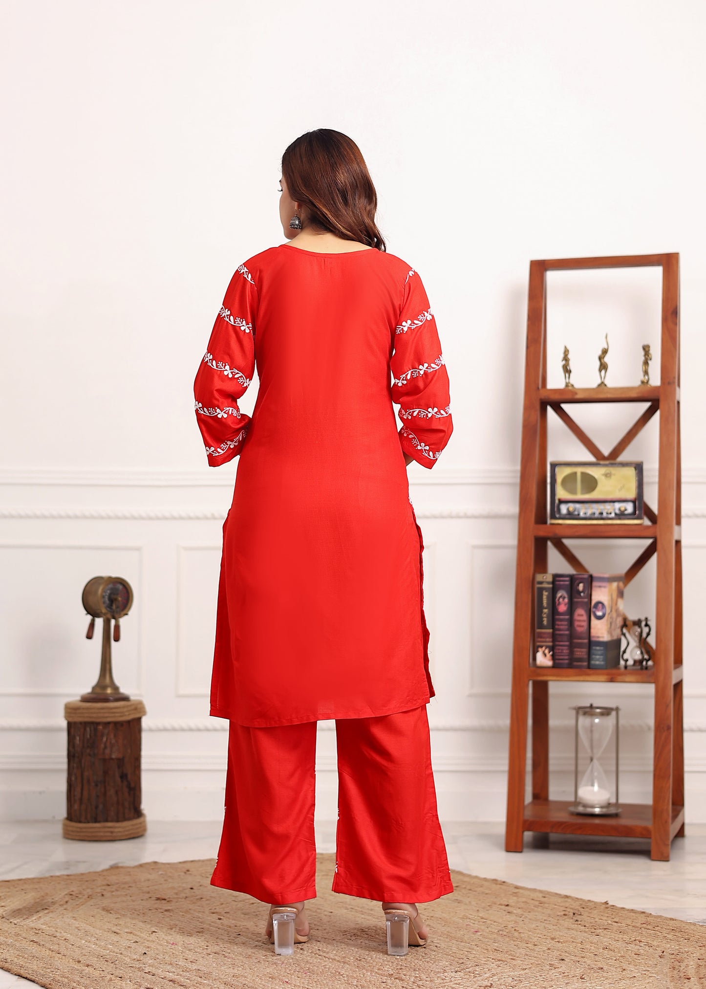 RED Women's rayon chikankari work straight kurta palazzo set for women