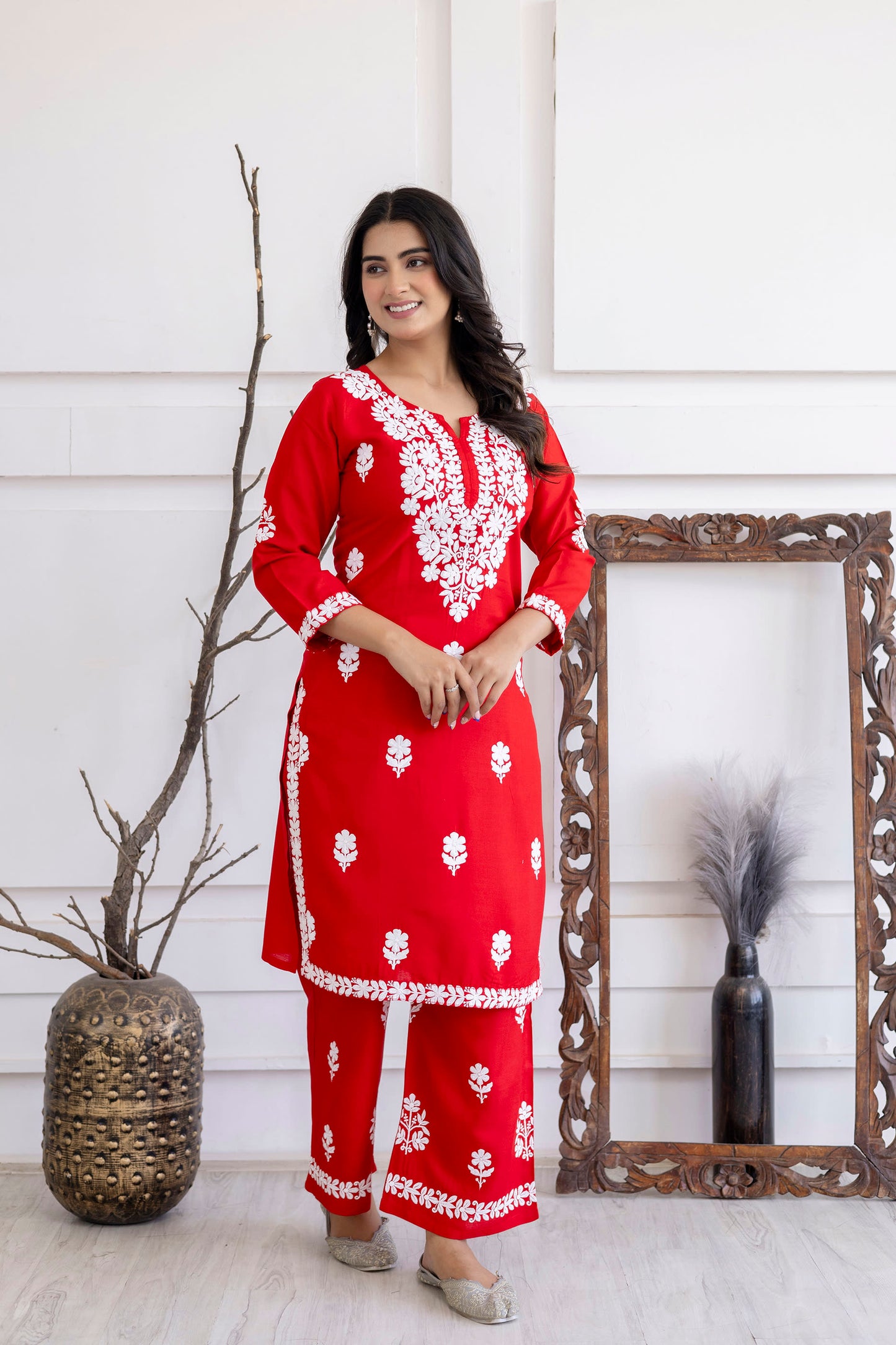 RED  Women Rayon Embroidered Kurta Set
