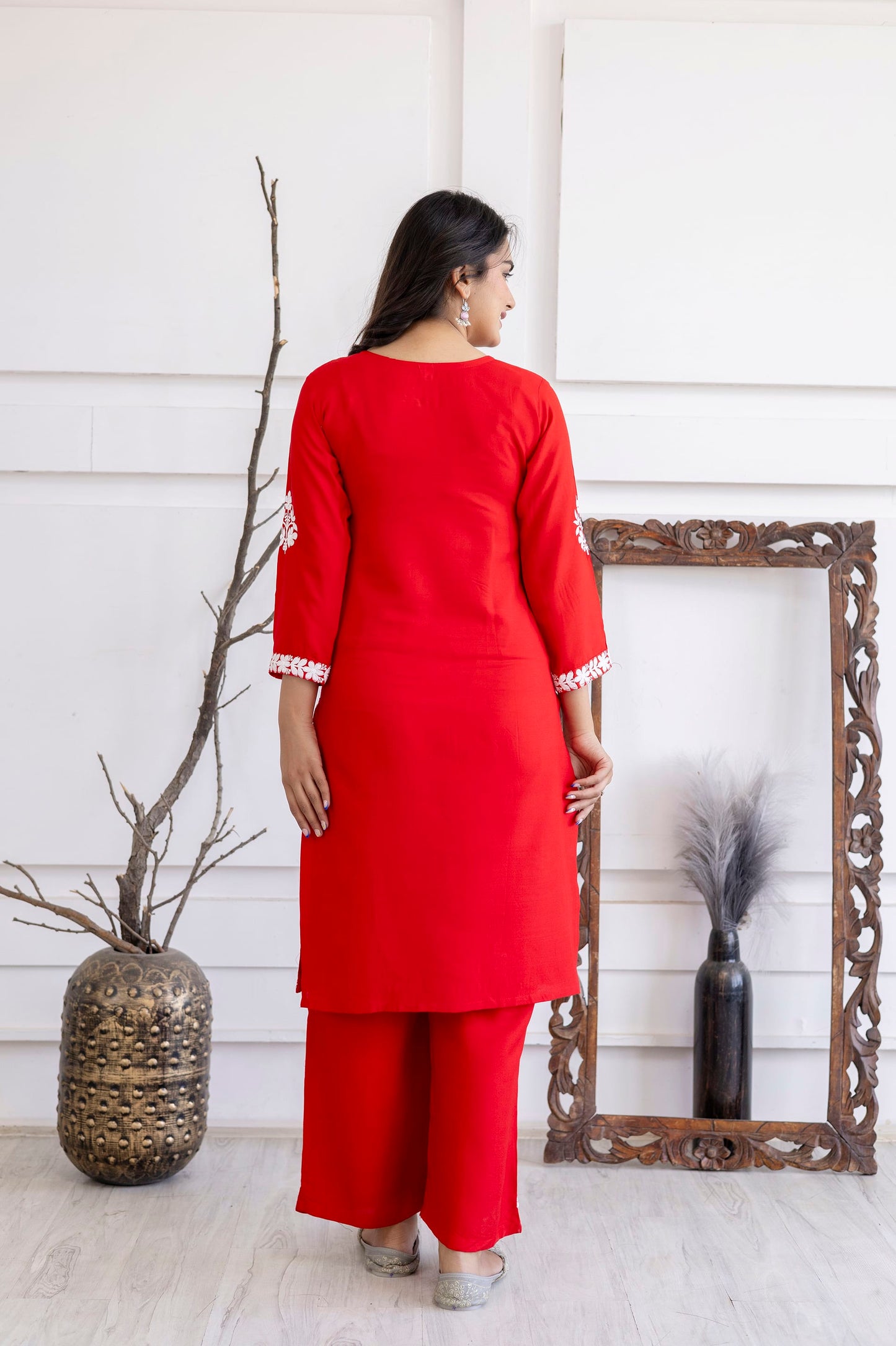 RED  Women Rayon Embroidered Kurta Set