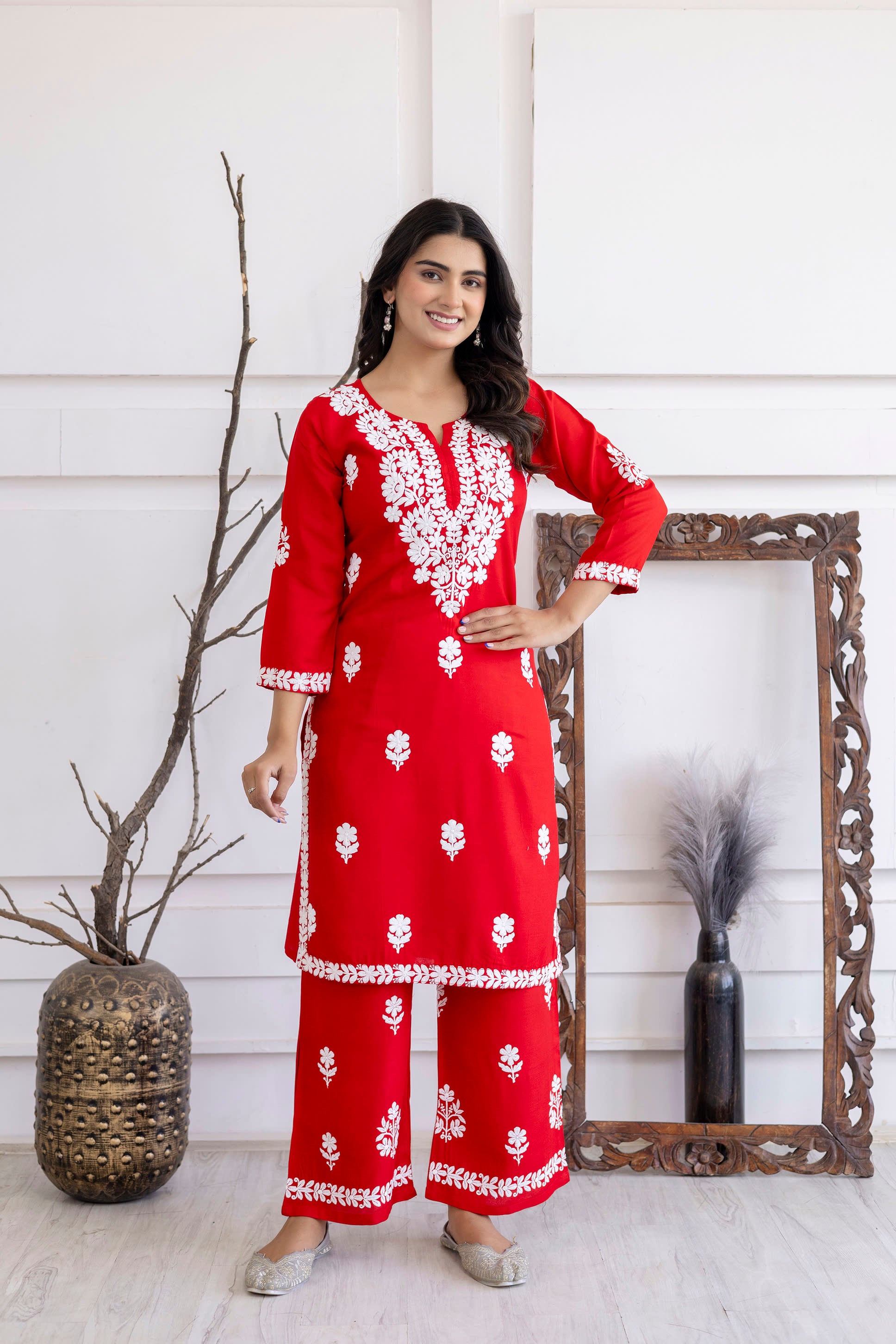 RED  Women Rayon Embroidered Kurta Set