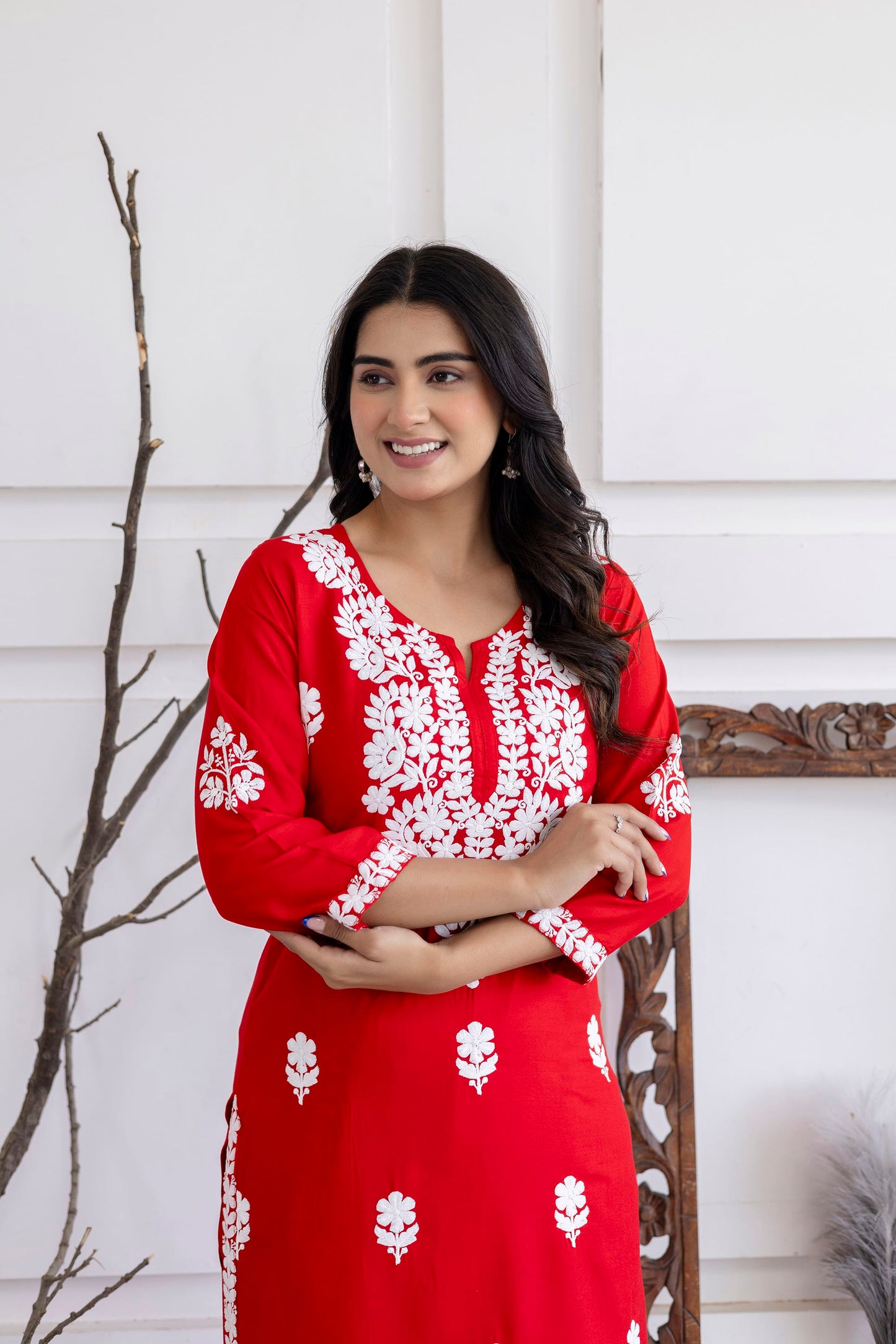RED  Women Rayon Embroidered Kurta Set