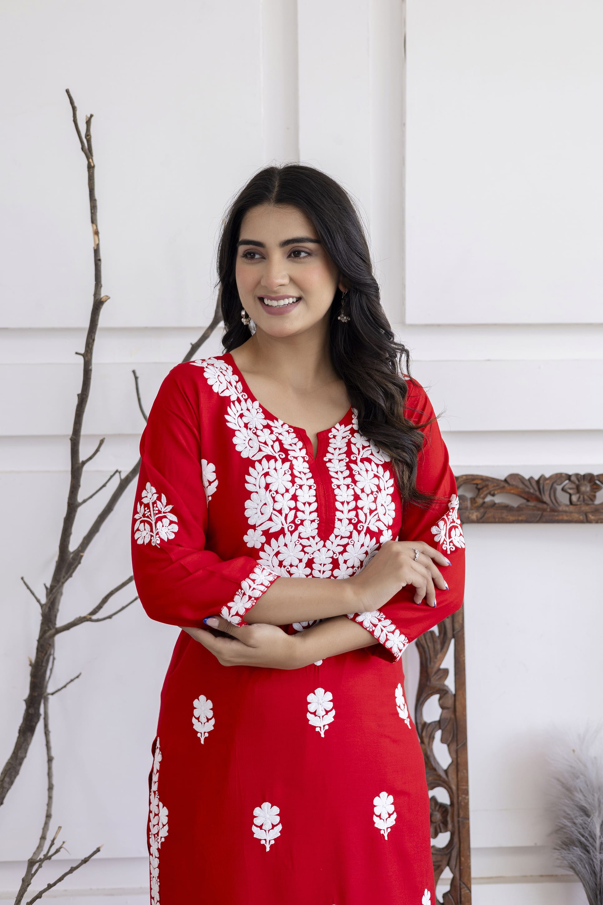 RED  Women Rayon Embroidered Kurta Set