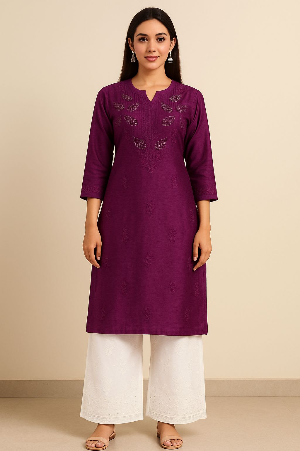 WINE Chanderi With Authentic Lucknowi Chikankari & Mukaish Work Suit