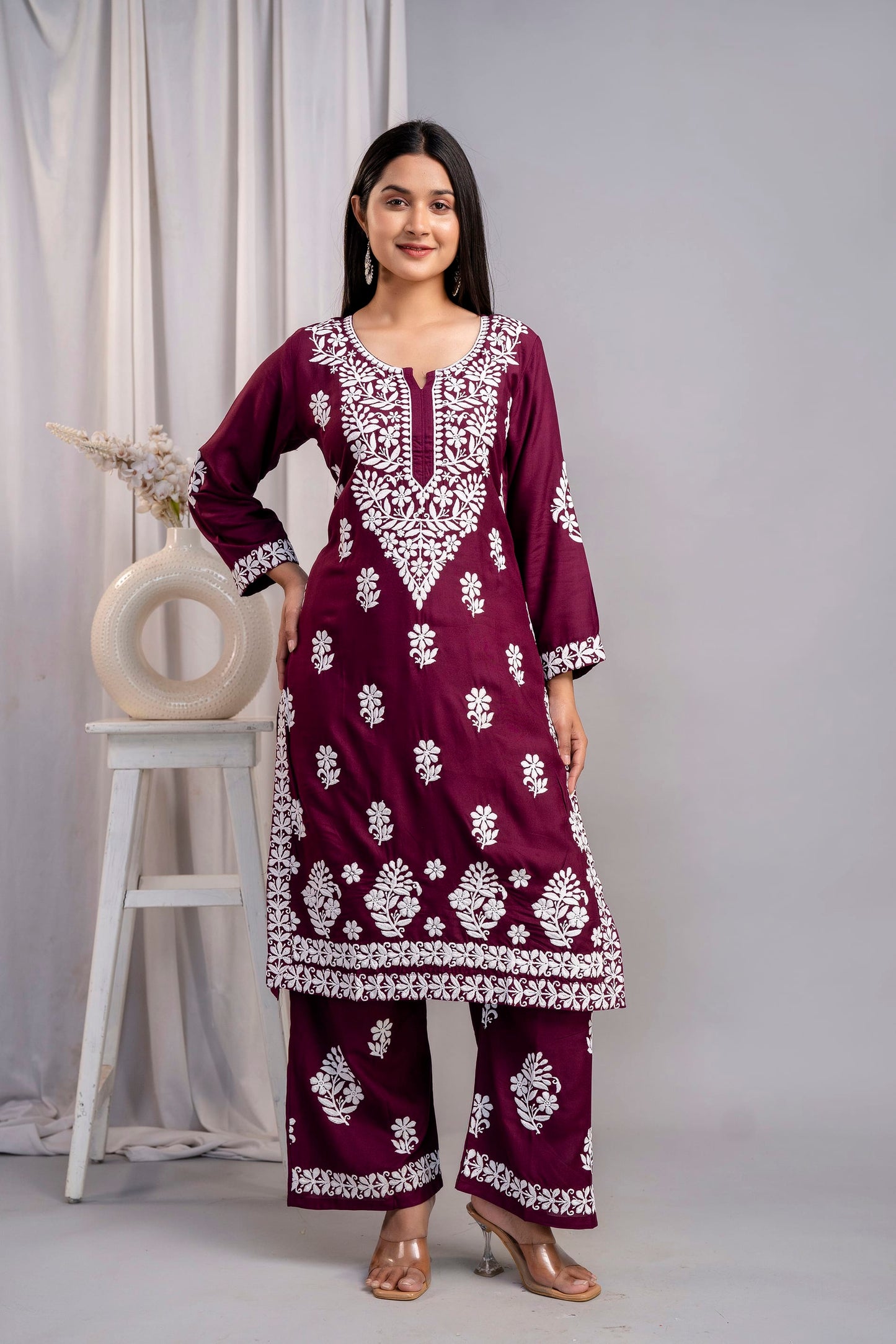 WINE Chikankari Kurti and Plazzo Set for Girls and Women (Modal Kurti)