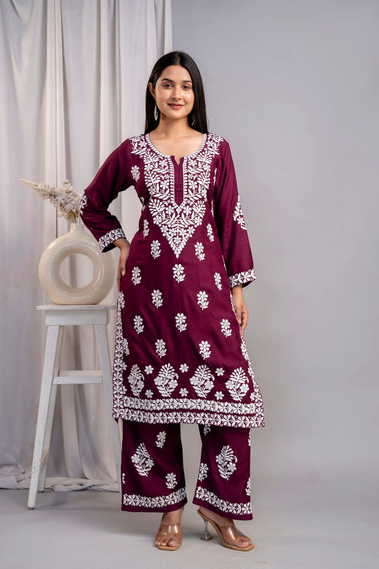 WINE Chikankari Kurti and Plazzo Set for Girls and Women (Modal Kurti)