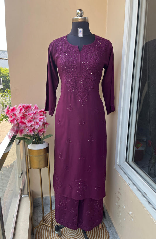 WINE Floral Embroidered Notch-Neck Chikankari Kurta With Palazzos