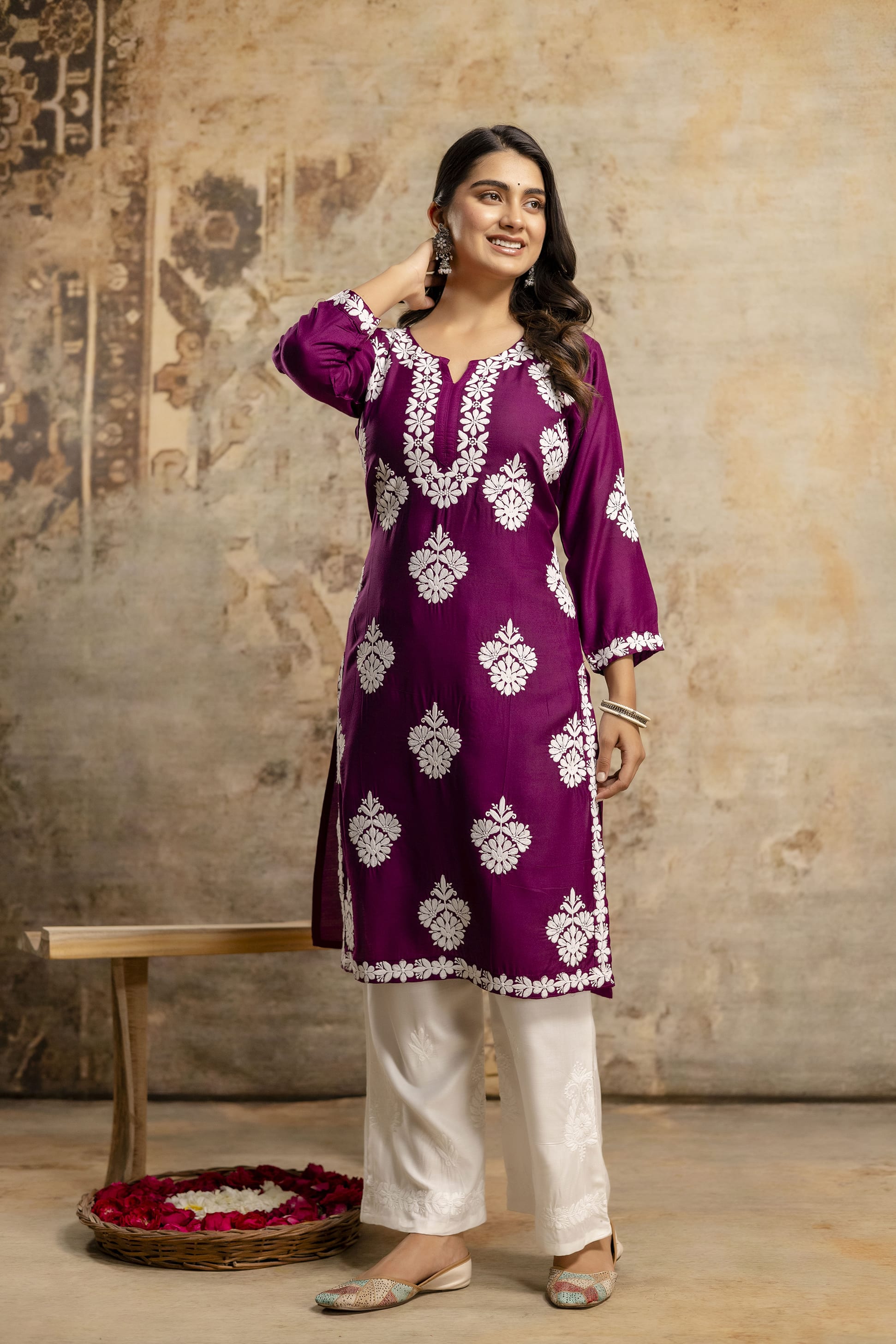 WINE Floral Embroidered Round Neck Chikankari Straight Kurta with Palazzos