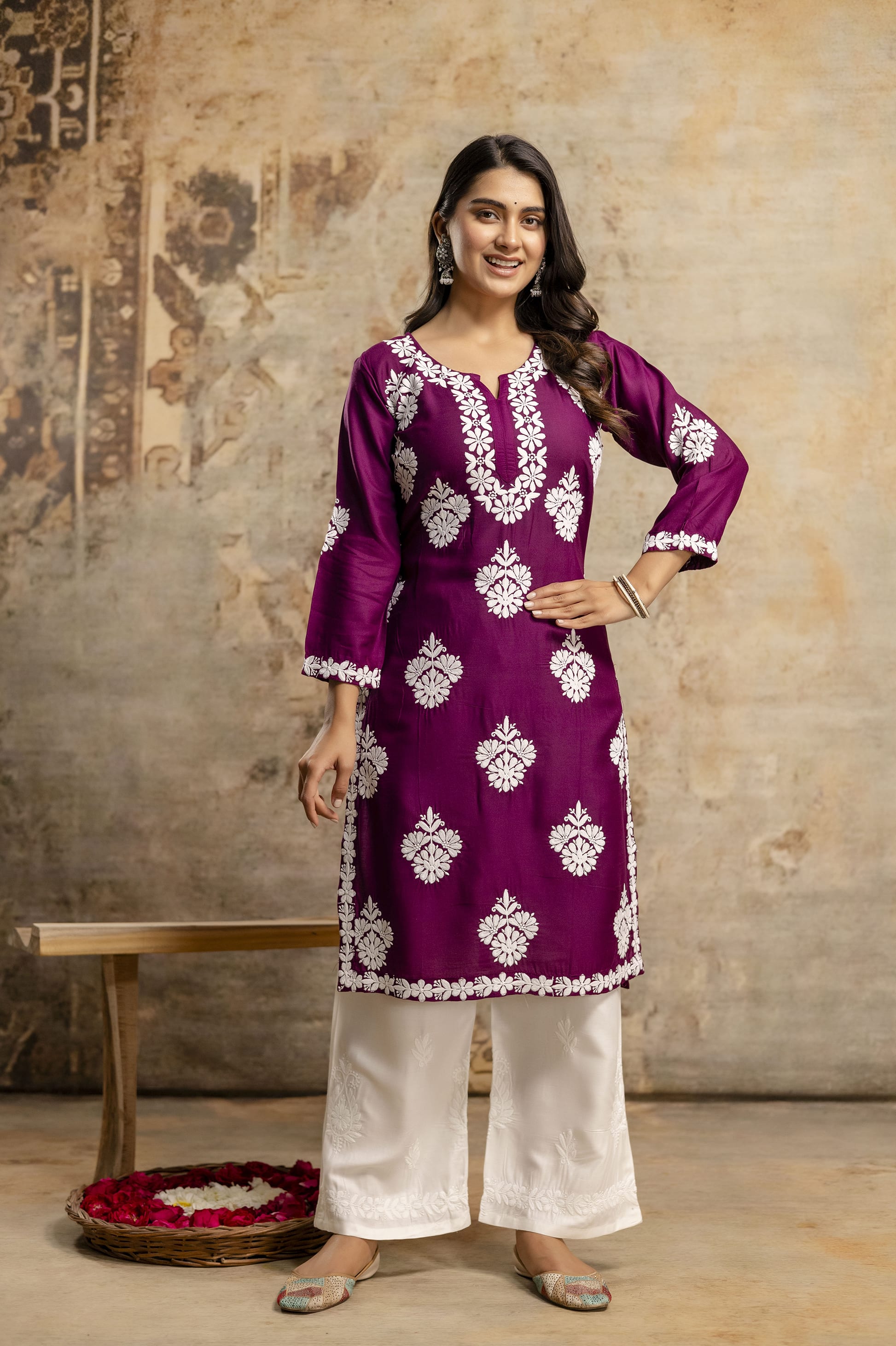 WINE Floral Embroidered Round Neck Chikankari Straight Kurta with Palazzos