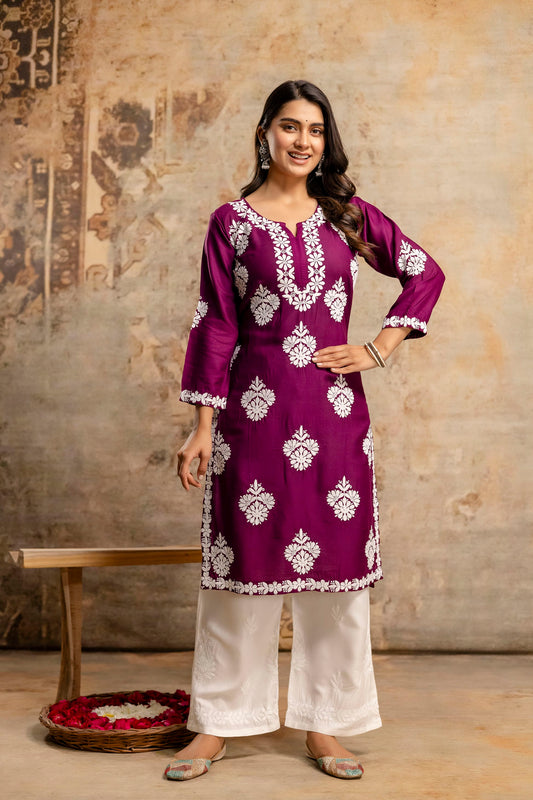 WINE Floral Embroidered Round Neck Chikankari Straight Kurta with Palazzos
