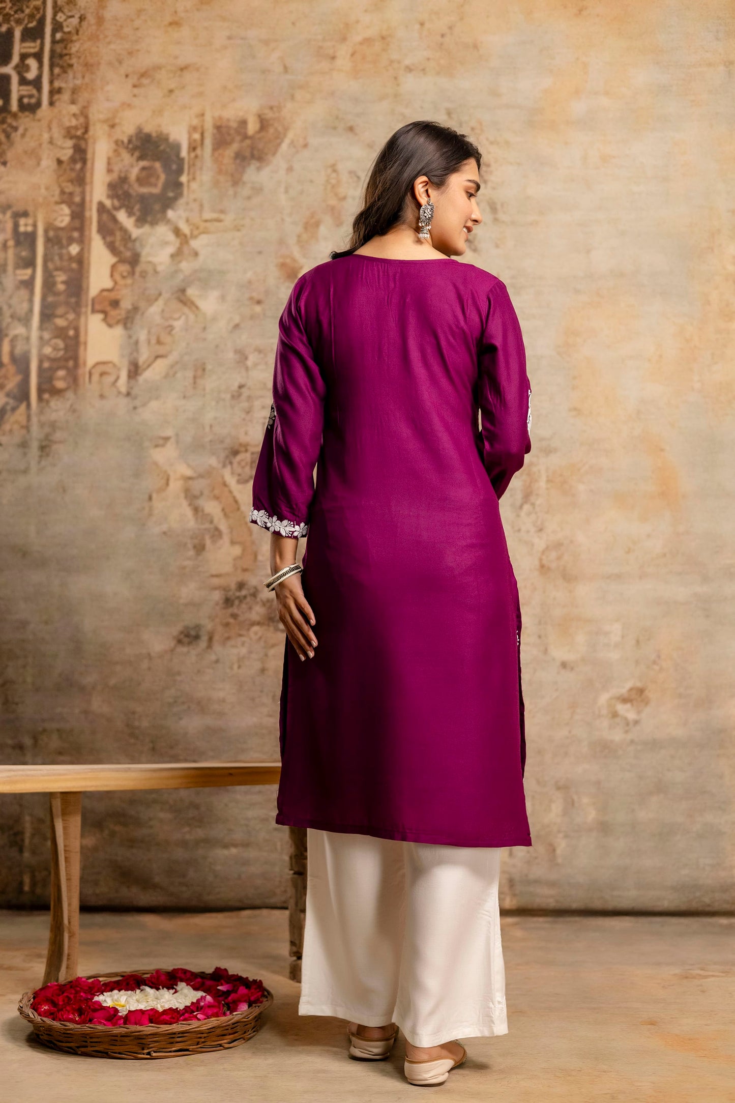 WINE Floral Embroidered Round Neck Chikankari Straight Kurta with Palazzos