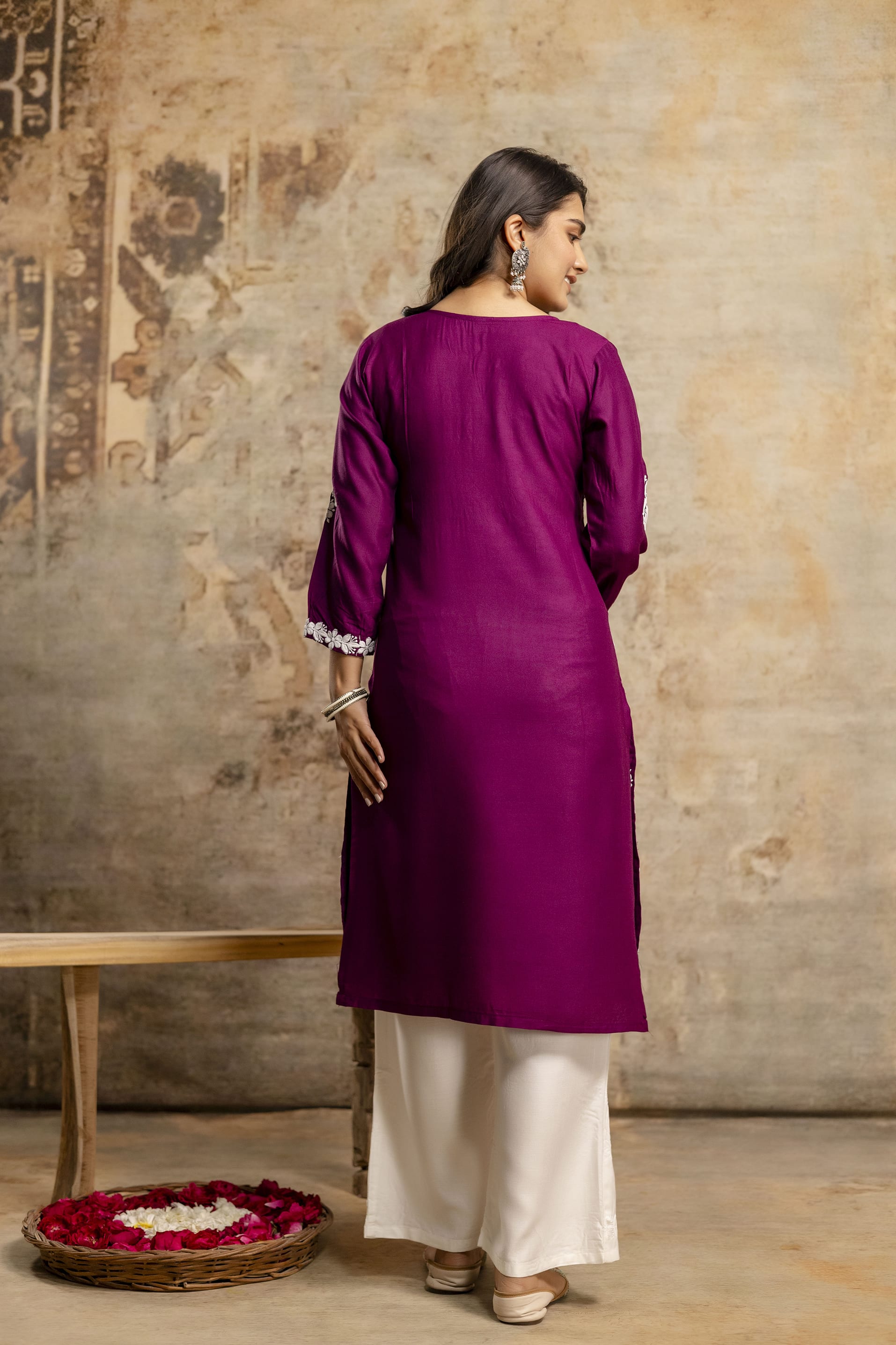 WINE Floral Embroidered Round Neck Chikankari Straight Kurta with Palazzos